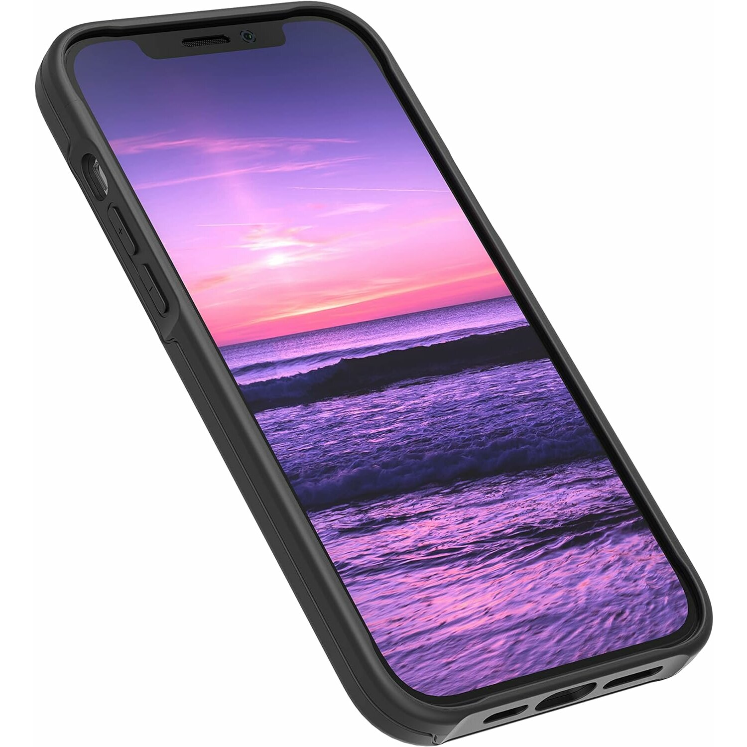 Un telefono nero con una scena di tramonto sullo schermo.
