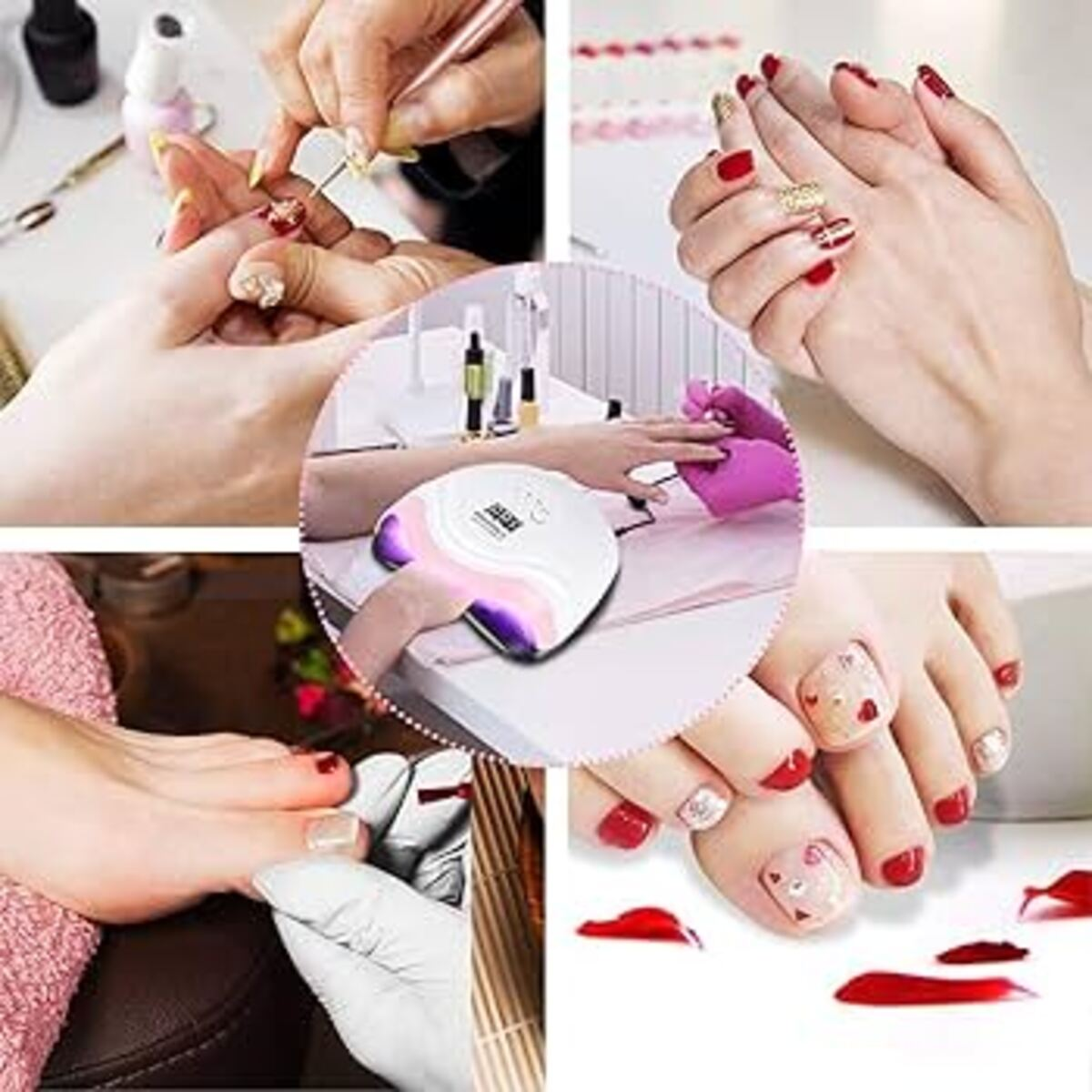 Múltiples imágenes que muestran arte de uñas y herramientas de manicura. Se están haciendo manicuras.