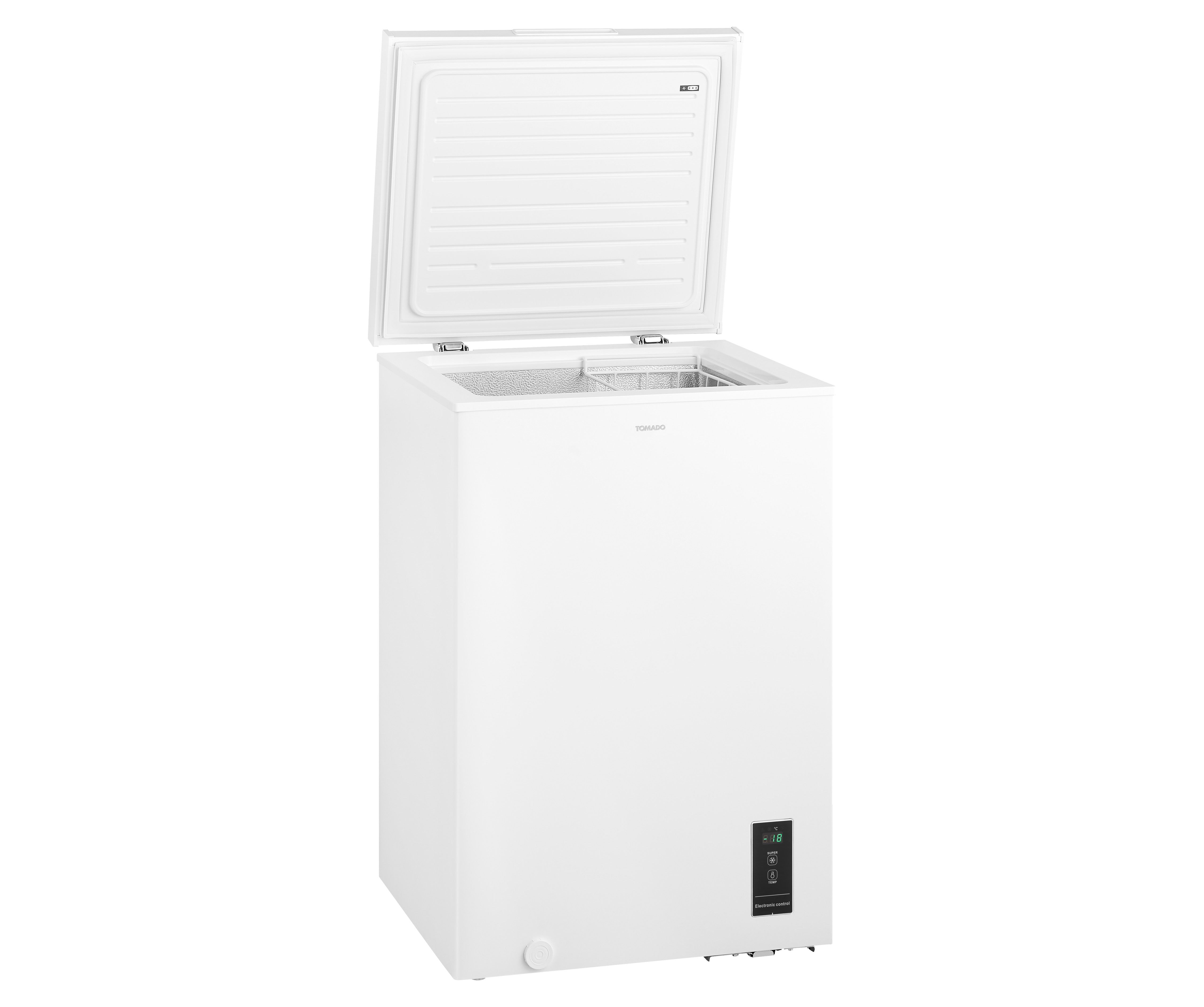 Congélateur coffre blanc avec couvercle ouvert. L'intérieur est visible. Sur fond blanc.
