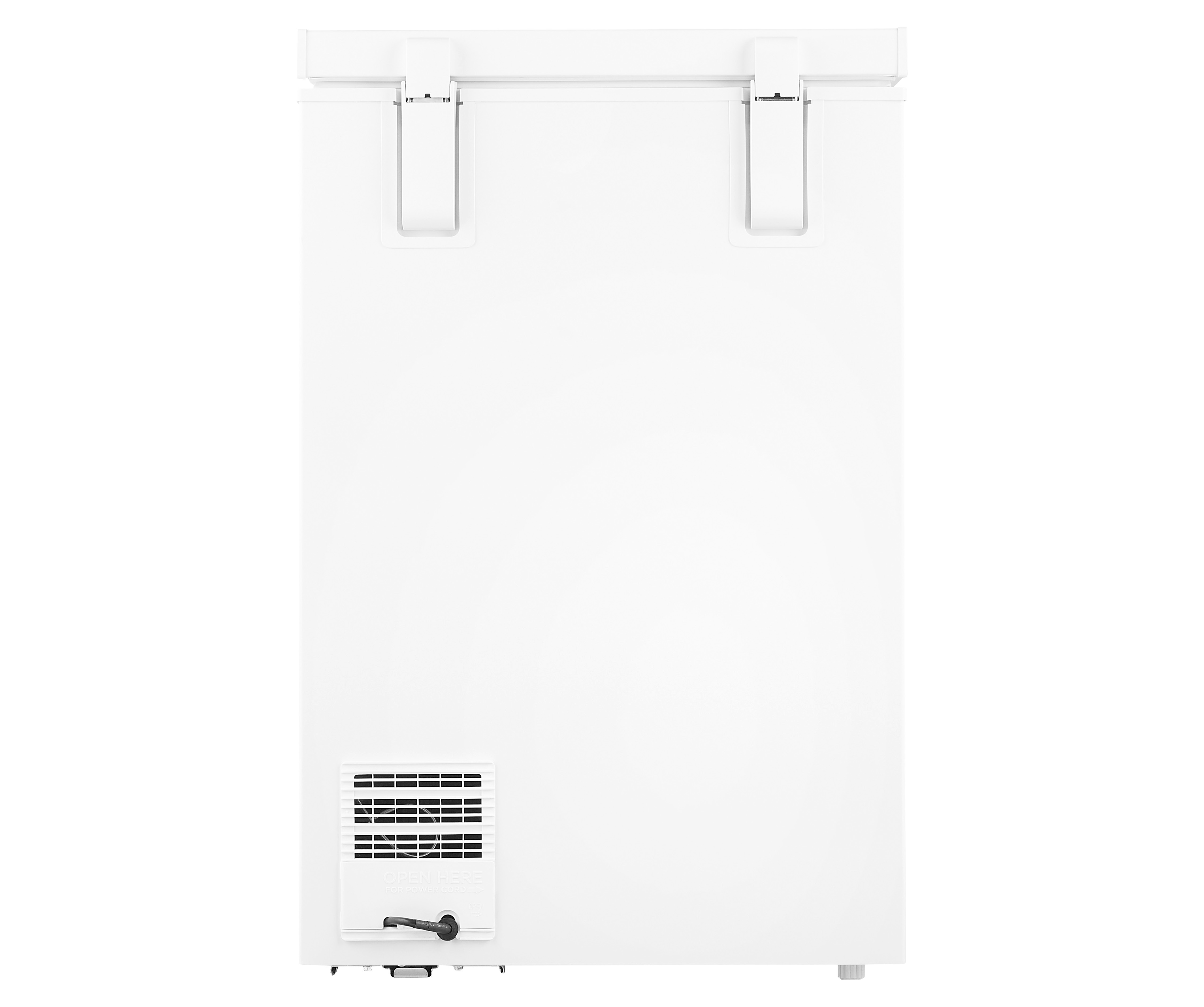 Congélateur coffre blanc avec un couvercle fermé et une ventilation, sur fond blanc.