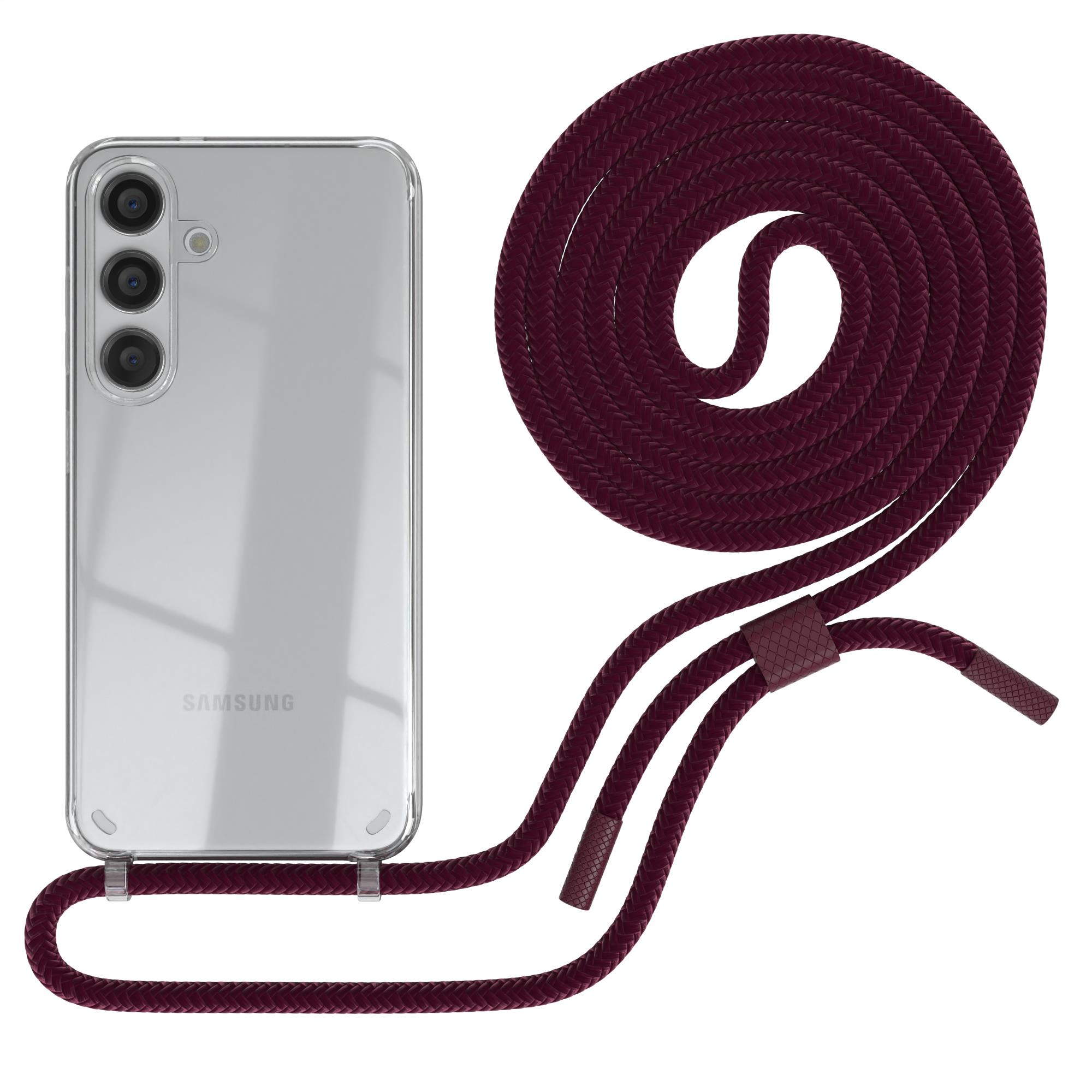 Eine transparente Handyhülle mit roter Lanyard befestigt, und ein Samsung-Telefon.