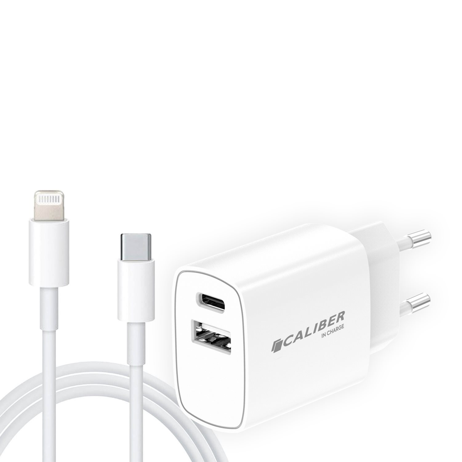 Weißes Ladegerät mit zwei USB-Anschlüssen und weißem Kabel mit Lightning- und USB-C-Anschluss.
