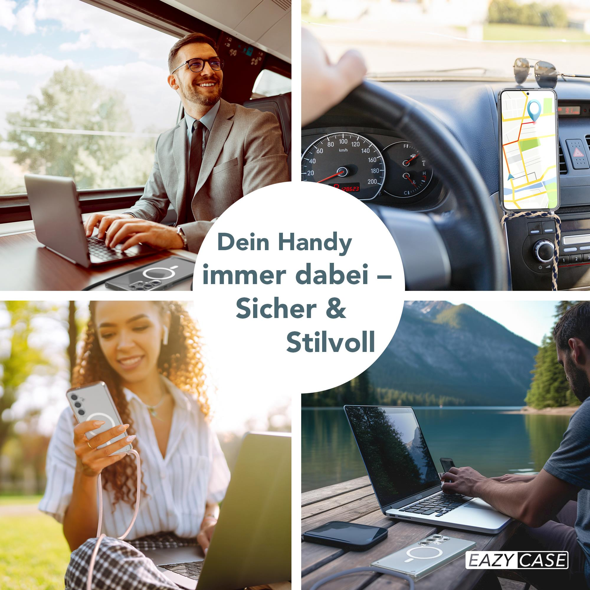 Vier Bilder, die Menschen zeigen, die in verschiedenen Umgebungen Telefone und Laptops benutzen.