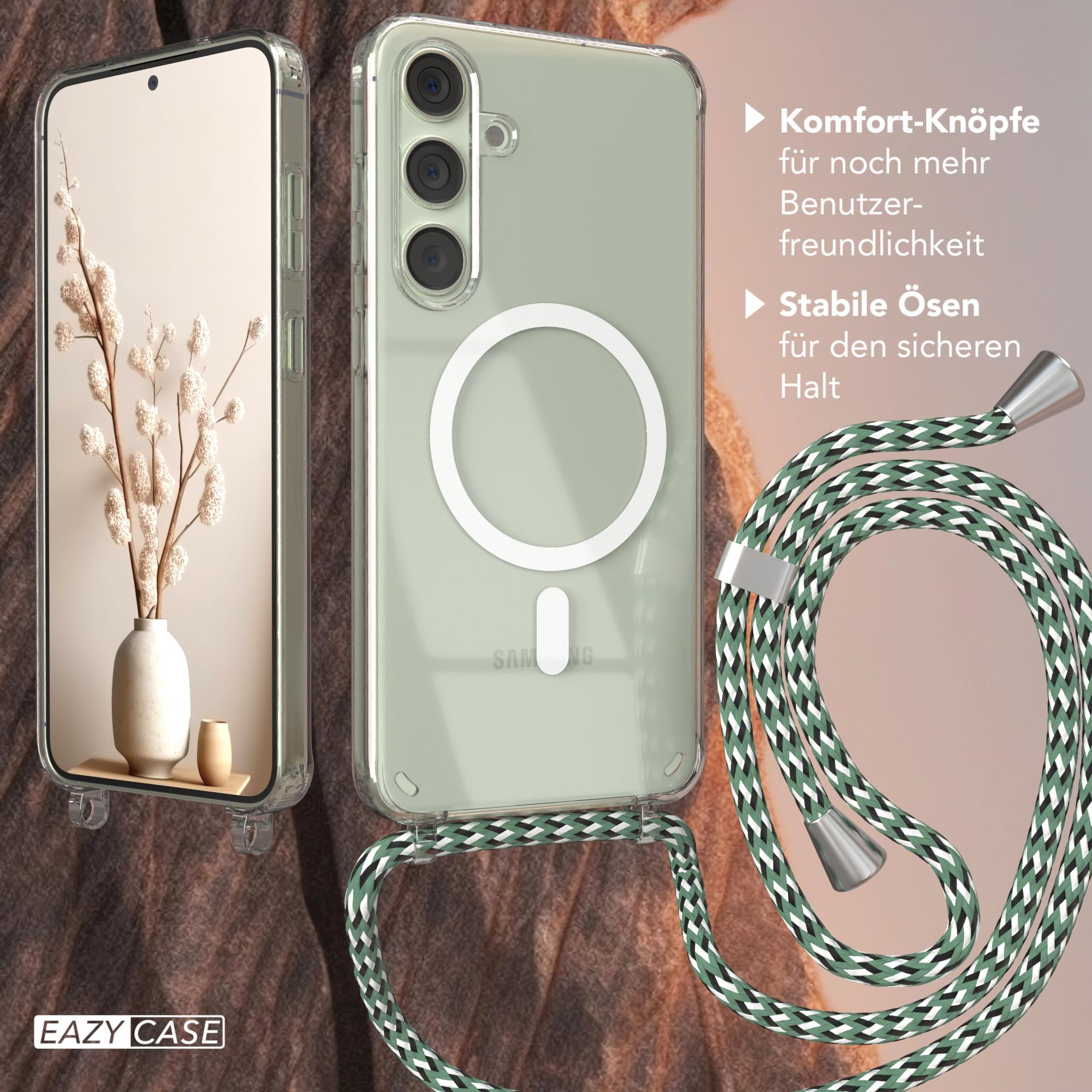 Handyhülle mit Band. Text auf der Hülle: EAZY CASE. Eine Vase mit Blumen ist im Hintergrund sichtbar.