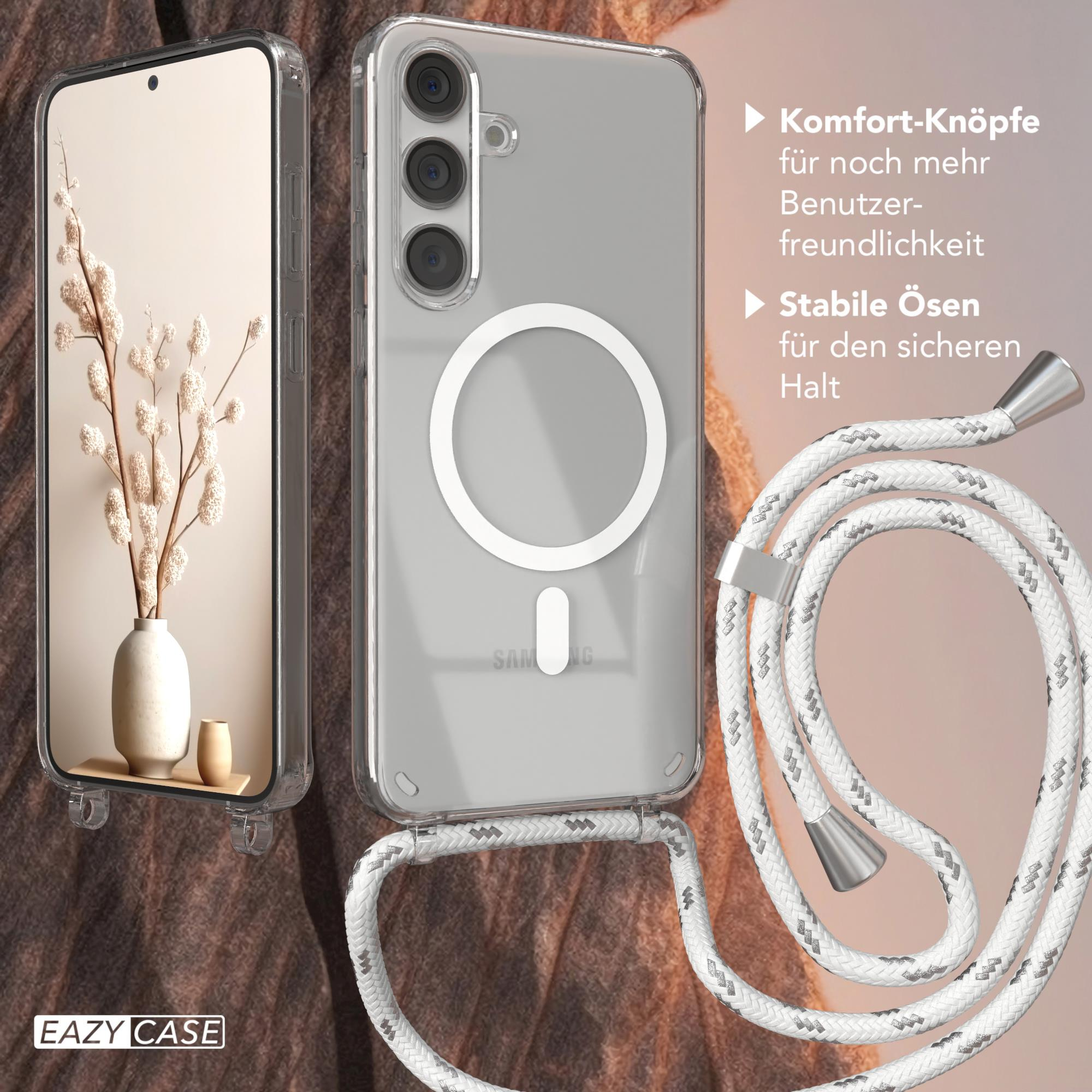 Eine transparente Handyhülle mit weißem Riemen und ein Telefon mit Display in der Hülle.