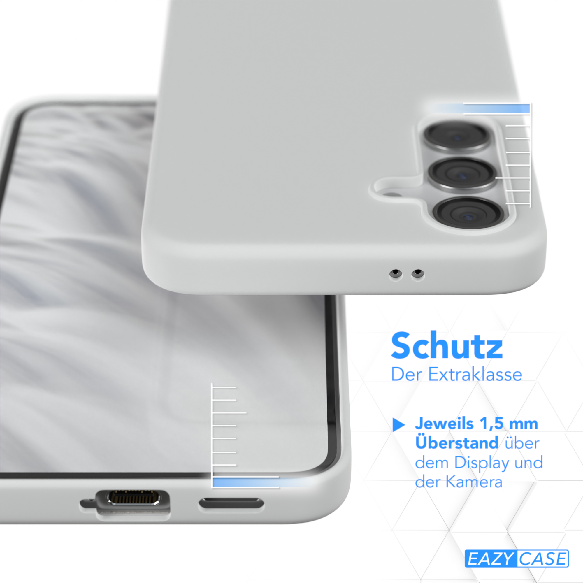 Nahaufnahme einer Handyhülle mit Text über Schutz und hervorgehobenem Rand.