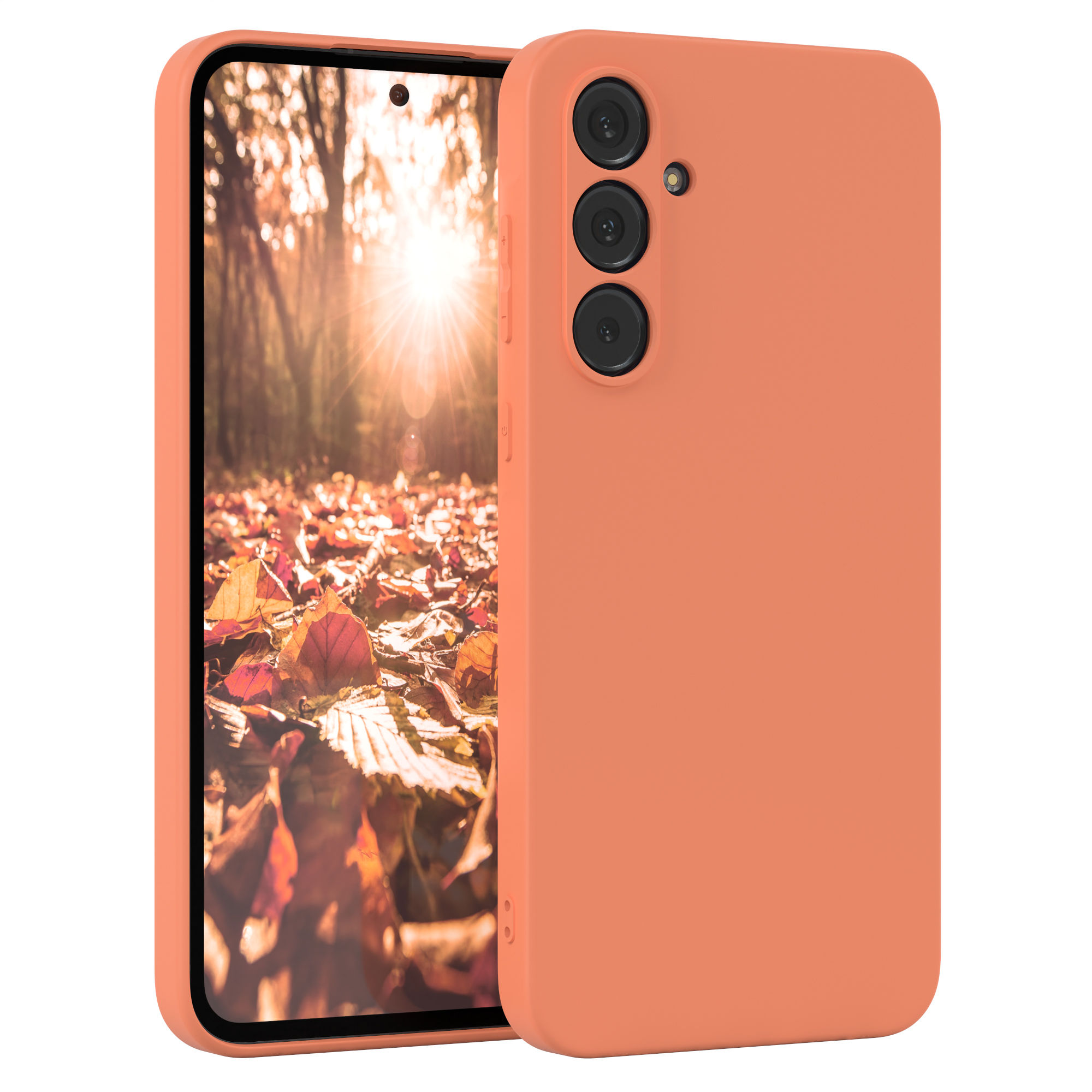 Orangene Handyhülle mit Telefon, das eine Herbstwaldszene zeigt, weißer Hintergrund.