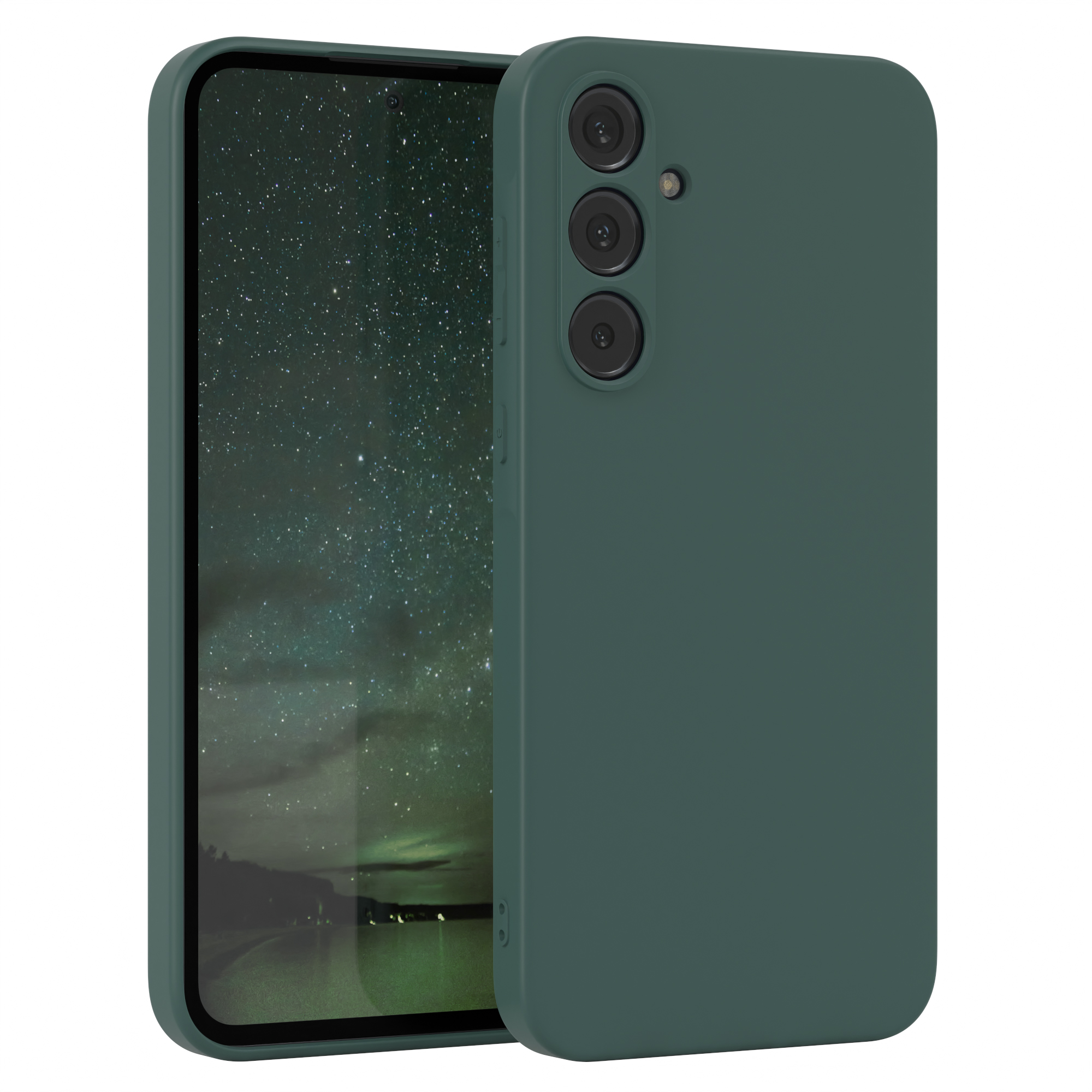 Grüne Handyhülle mit dem Telefon darin. Die Hülle hat drei Kameraaussparungen.