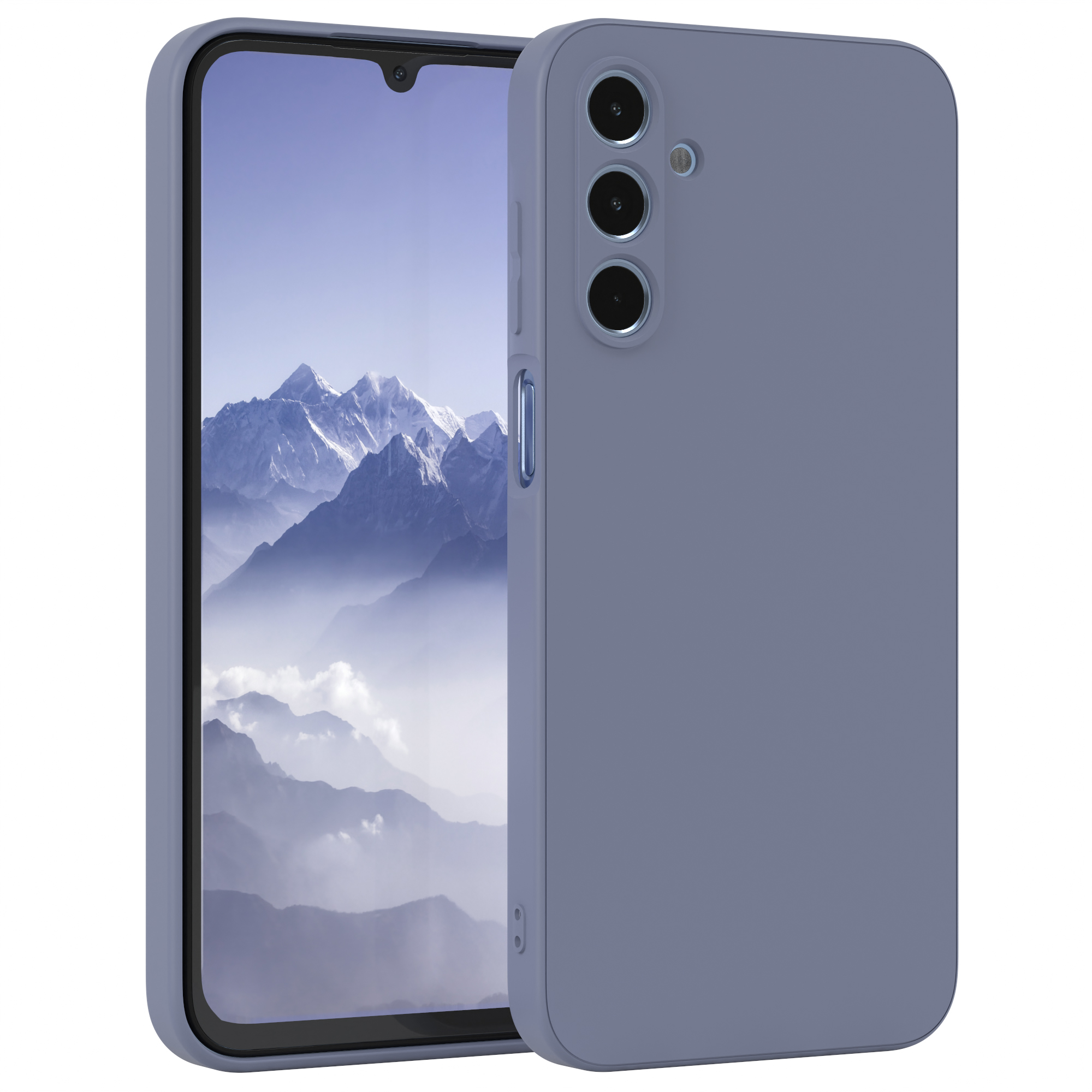 Blaues Smartphone in einer Schutzhülle, mit Berglandschaft auf dem Bildschirm.