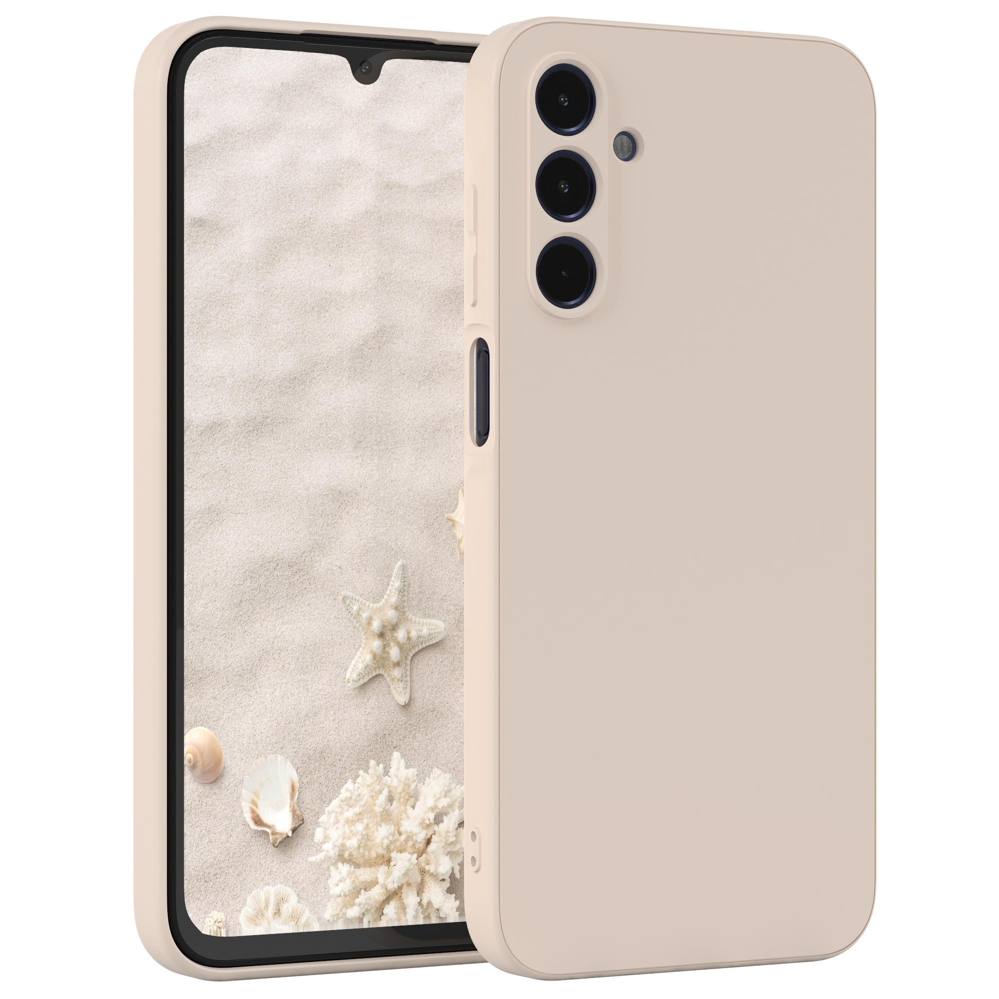 Beige Handyhülle mit Strandszene auf dem Bildschirm. Muscheln und Seesterne sichtbar.