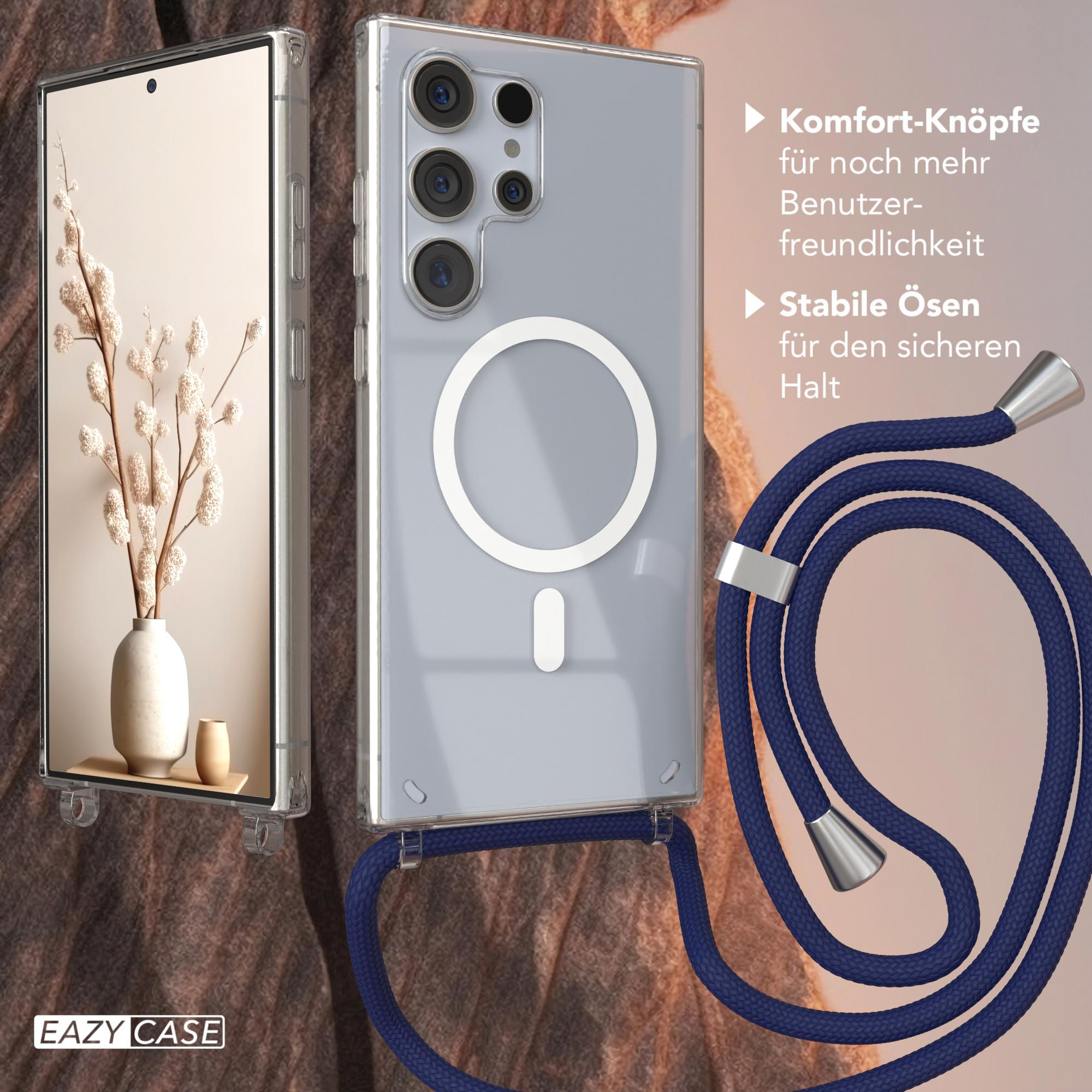 Telefon in klarer Hülle mit Riemen. Blumiger Hintergrund auf dem Bildschirm.