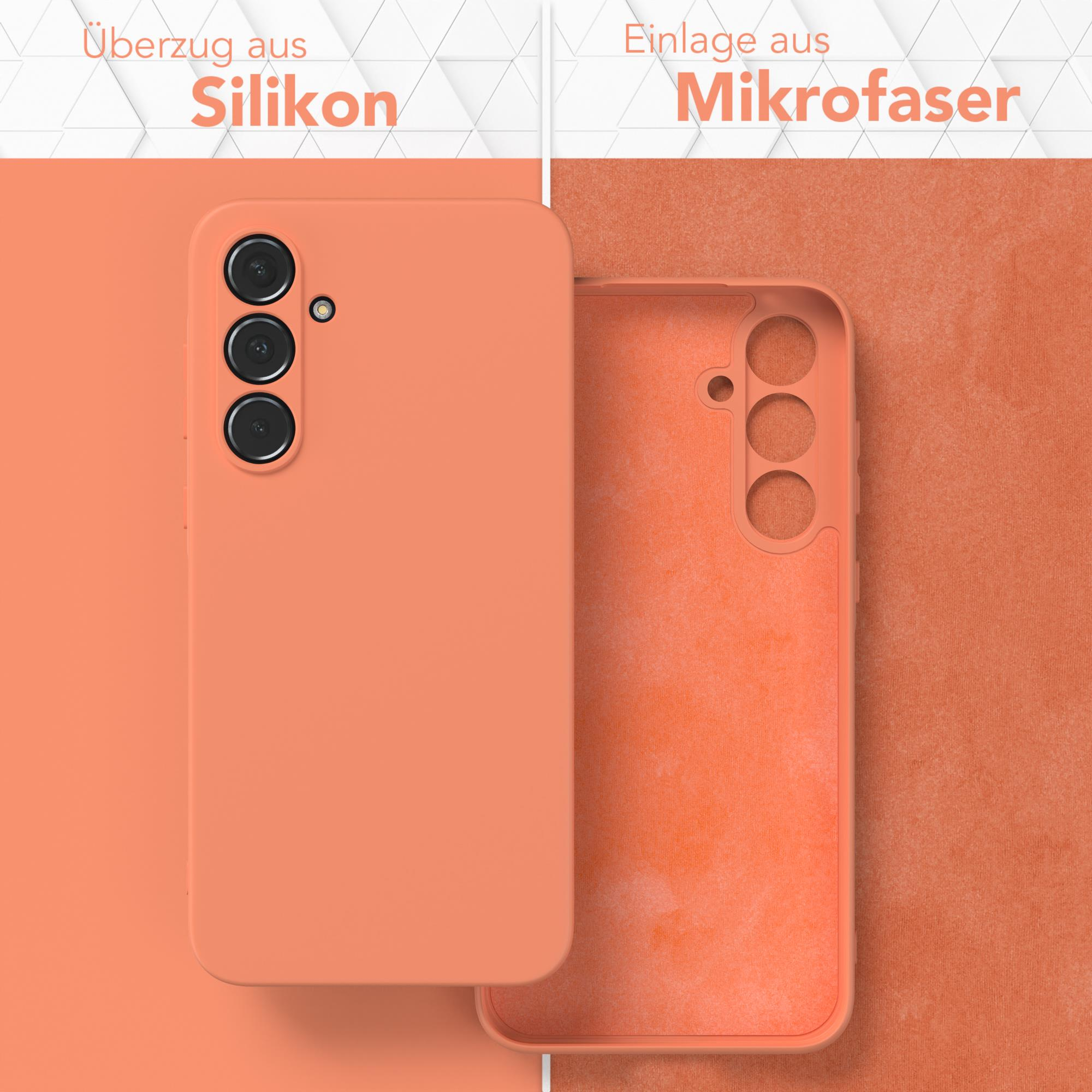 Zwei Handyhüllen. Eine ist korallenfarben, die andere orange. Zeigt Silikon- und Mikrofaser-Materialien.