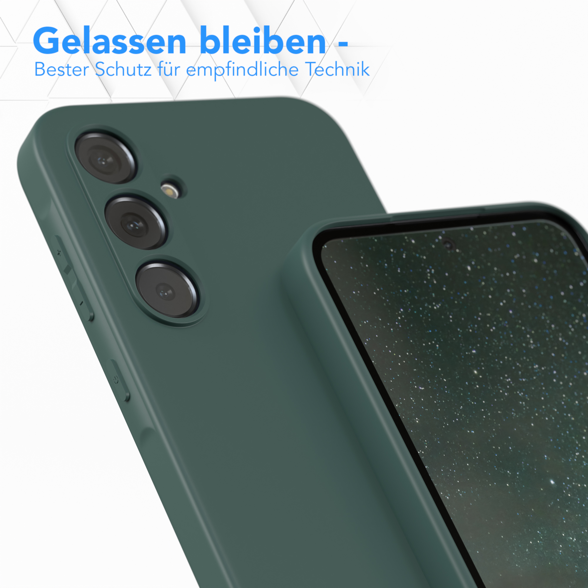 Nahaufnahme einer Handyhülle, die ein Handy schützt. Die Hülle ist dunkelgrün.