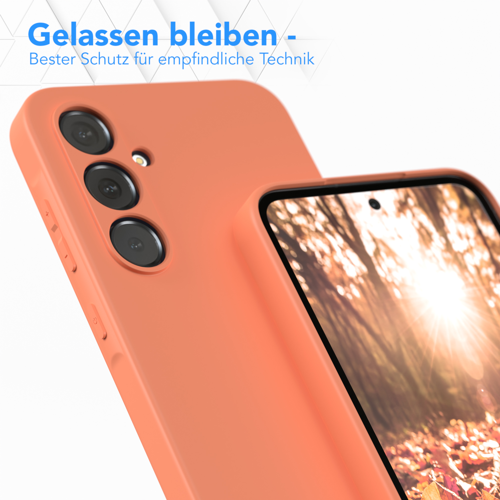 Eine orangefarbene Handyhülle auf einer weißen Oberfläche. Text: Ruhig bleiben - Bester Schutz für empfindliche Technik.