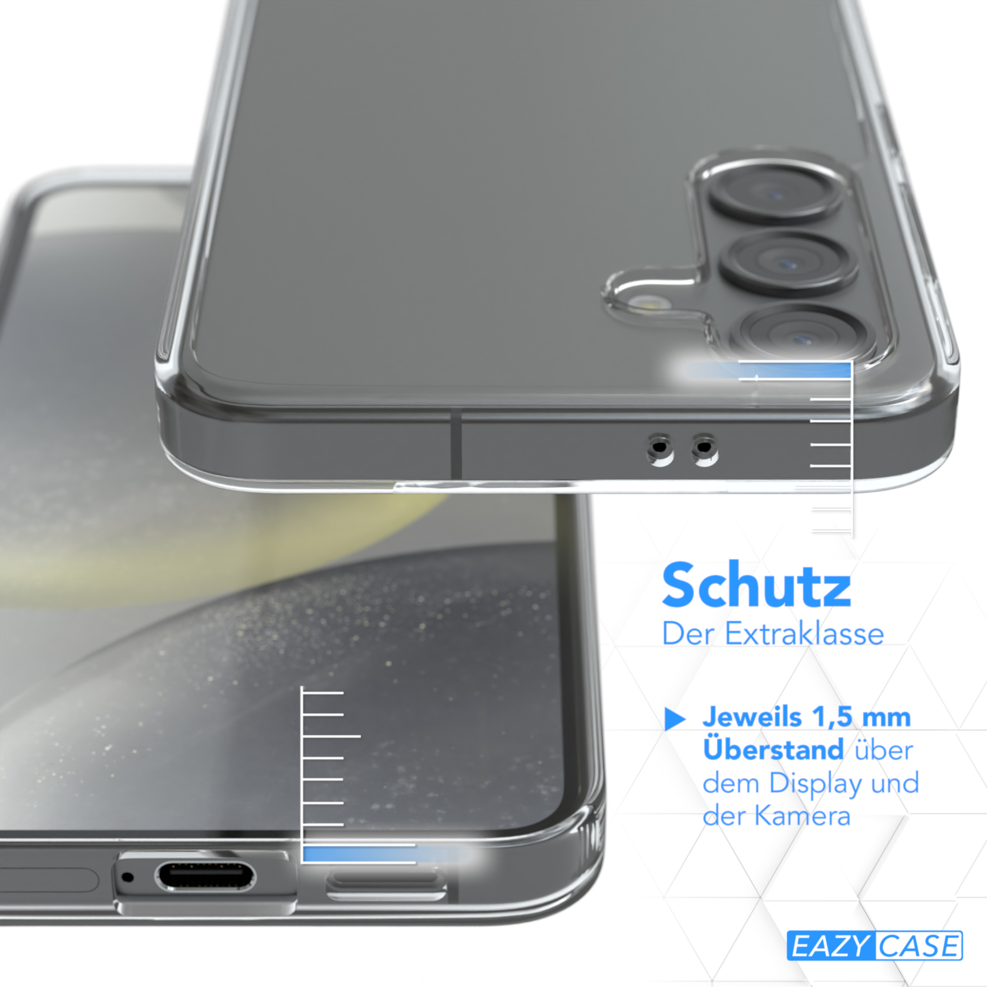 Transparente Handyhülle über einem Telefon, mit Text über Schutz.