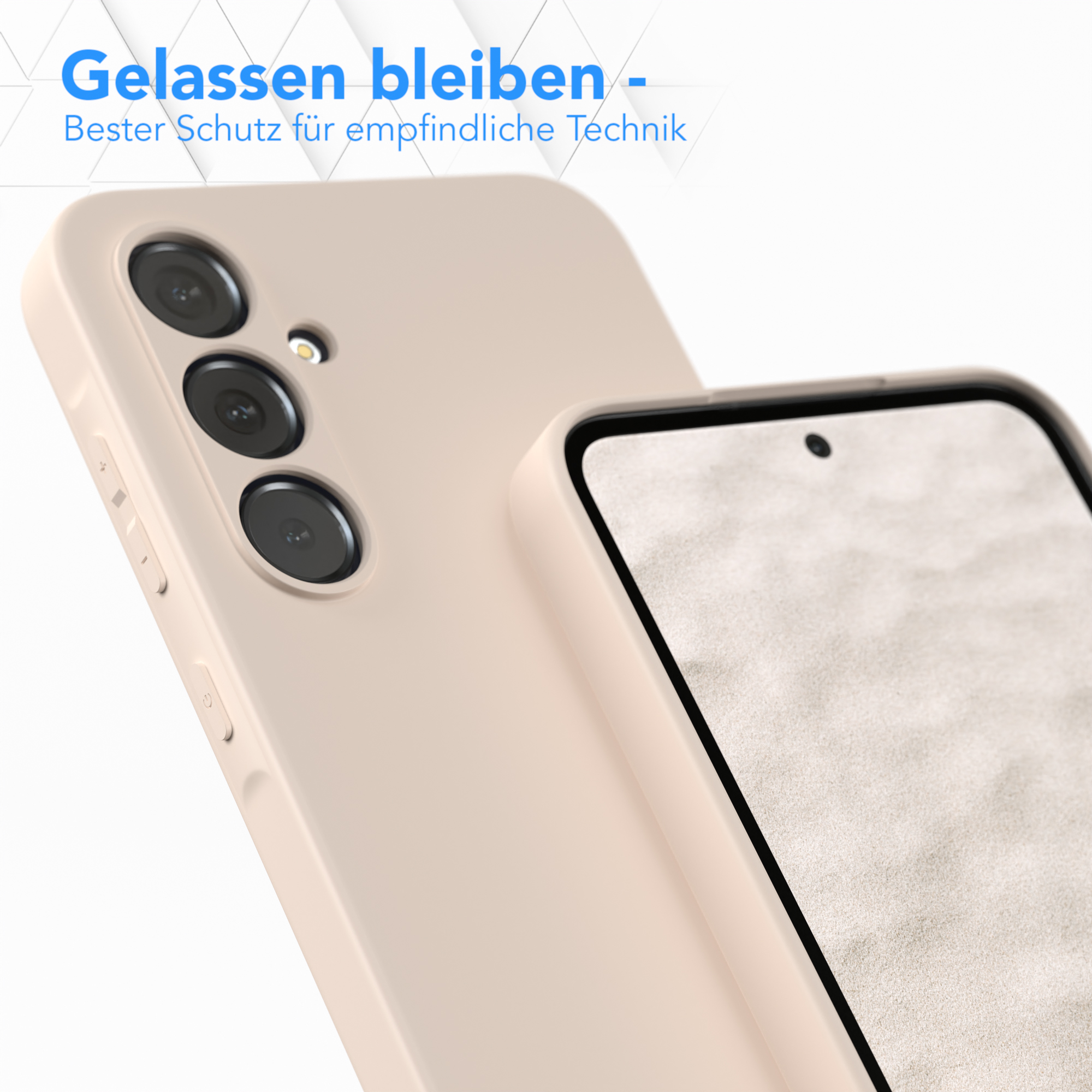 Telefon und Hülle. Text auf der Hülle: Gelassen bleiben - Bester Schutz für empfindliche Technik.