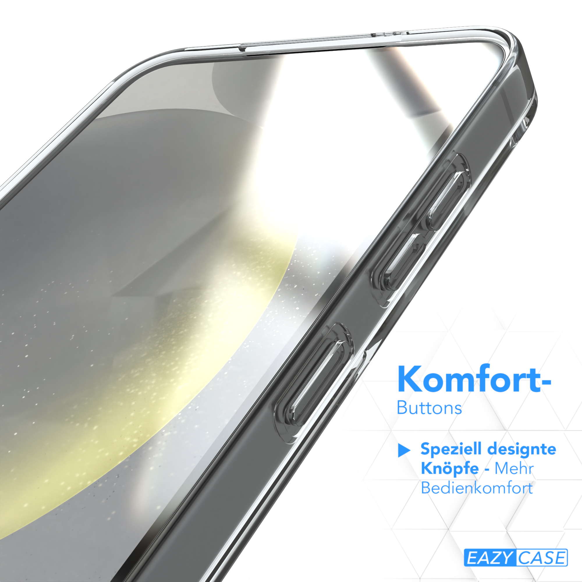 Handyhülle, transparent mit sichtbaren Knöpfen, leicht angewinkelt.