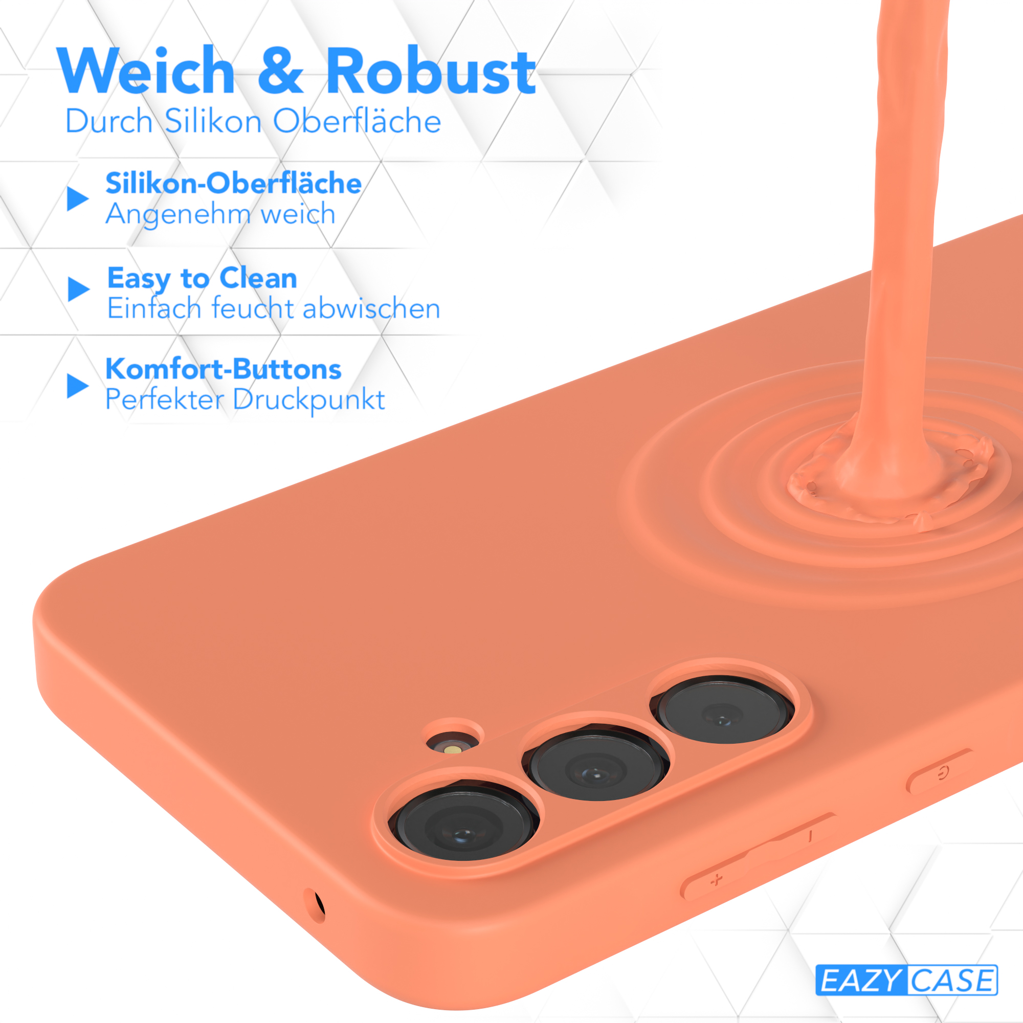 Orangene Handyhülle mit Flüssigkeit und dem Text 'Weich & Robust'.