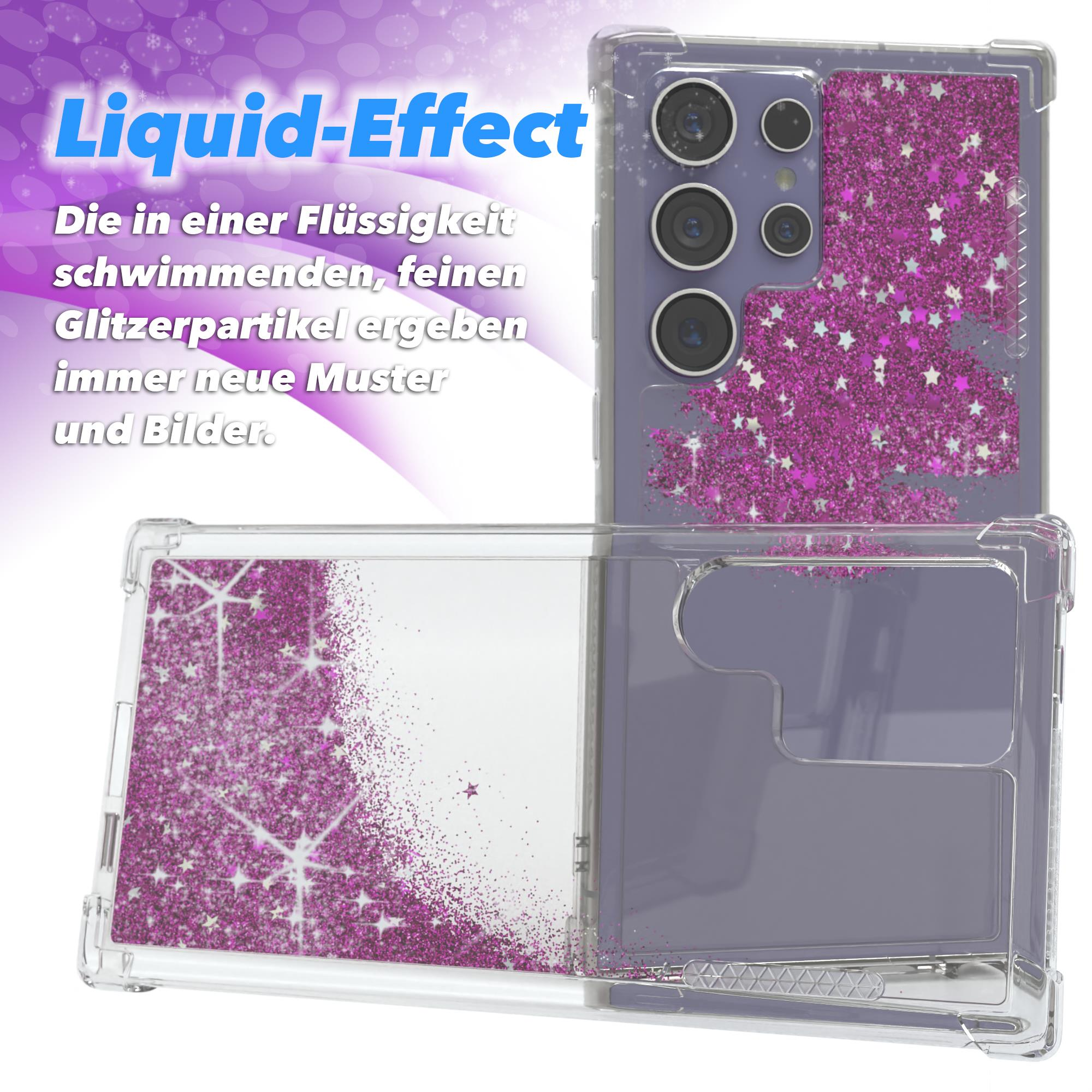 Transparente Handyhülle mit rosa Glitzer und Telefon, auf weißem Hintergrund.