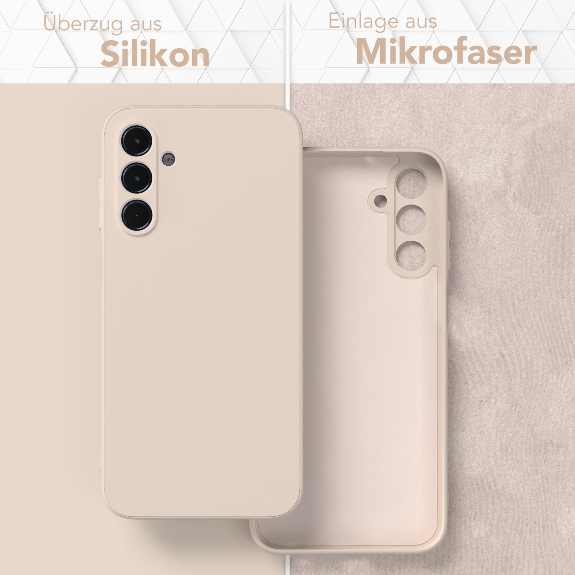 Zwei Handyhüllen. Eine Hülle ist beige mit Telefon, die andere ist das Innere der Hülle.
