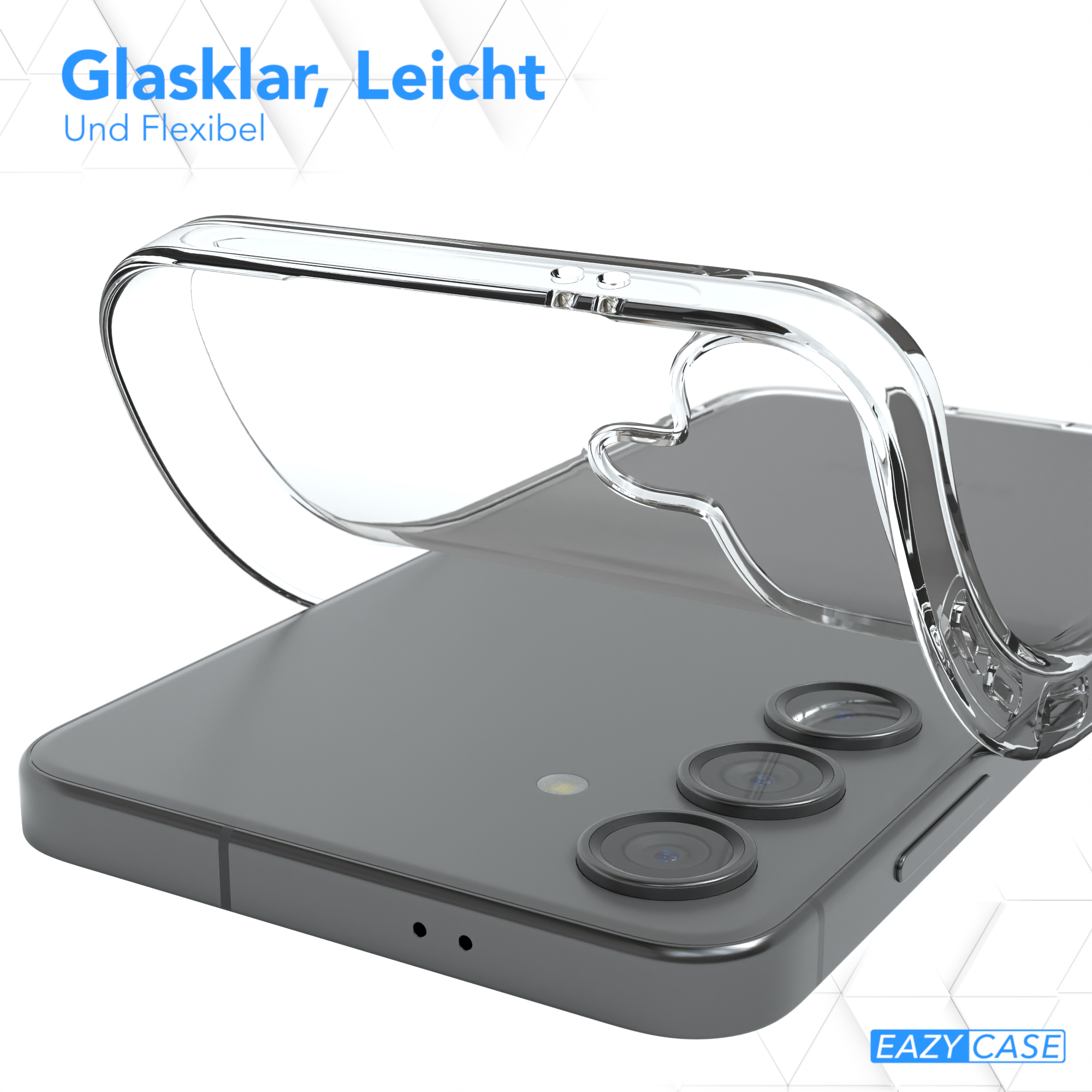 Transparente Handyhülle auf einem grauen Telefon. Text lautet: 'Glasklar, leicht und flexibel'.