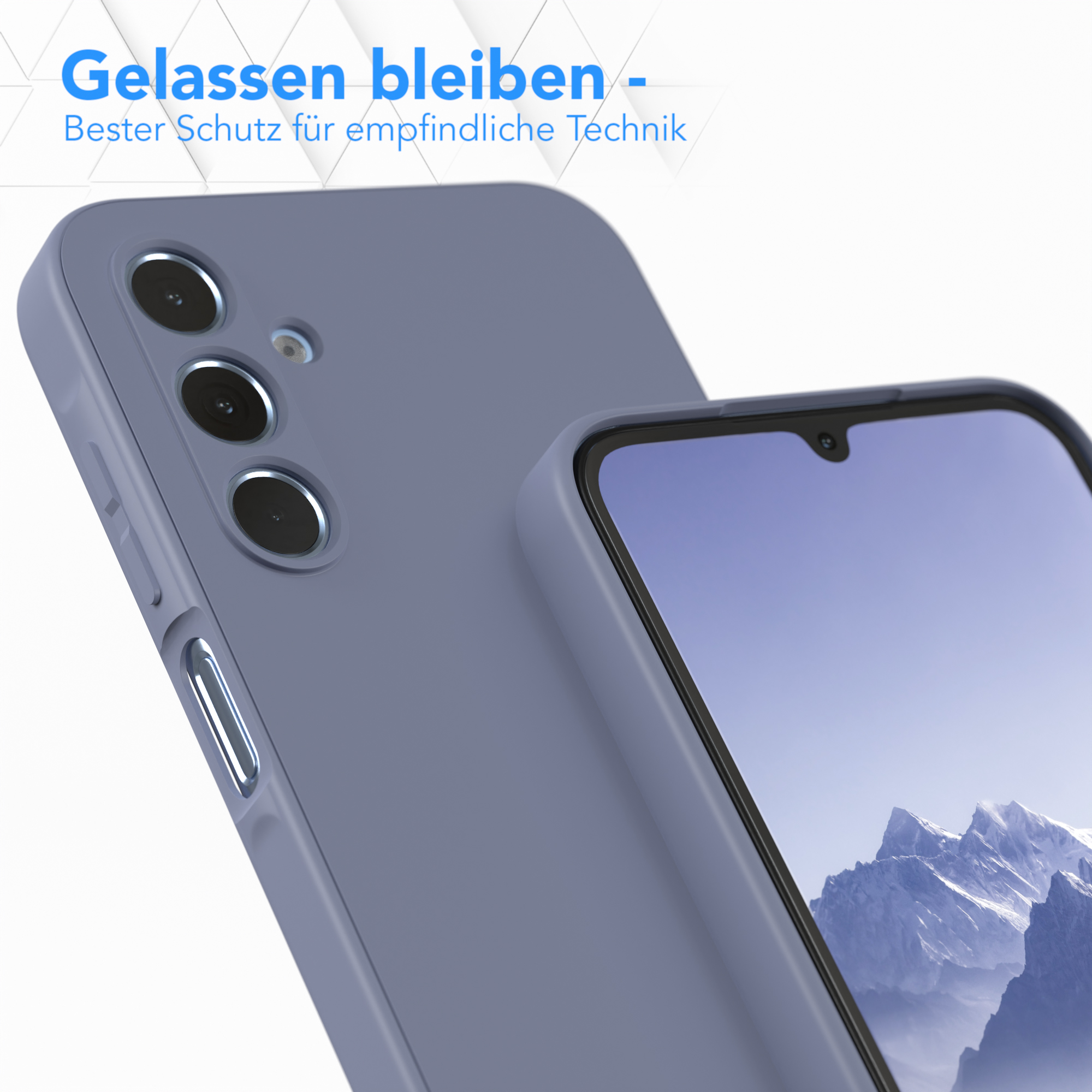 Lila Handyhülle und Handy. Das Handy befindet sich in der Hülle.