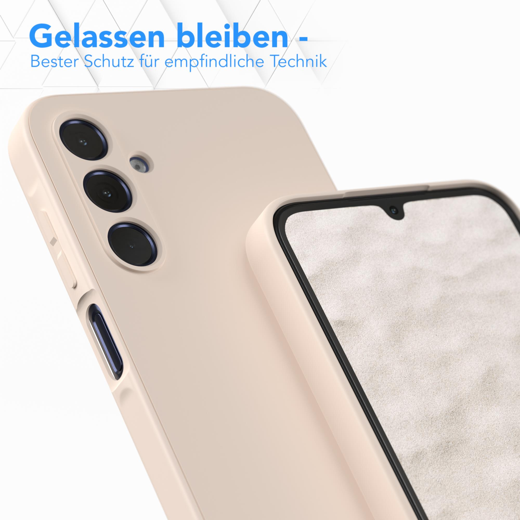 Zwei Handyhüllen, eine über der anderen. Die vordere Handyhülle ist beige.
