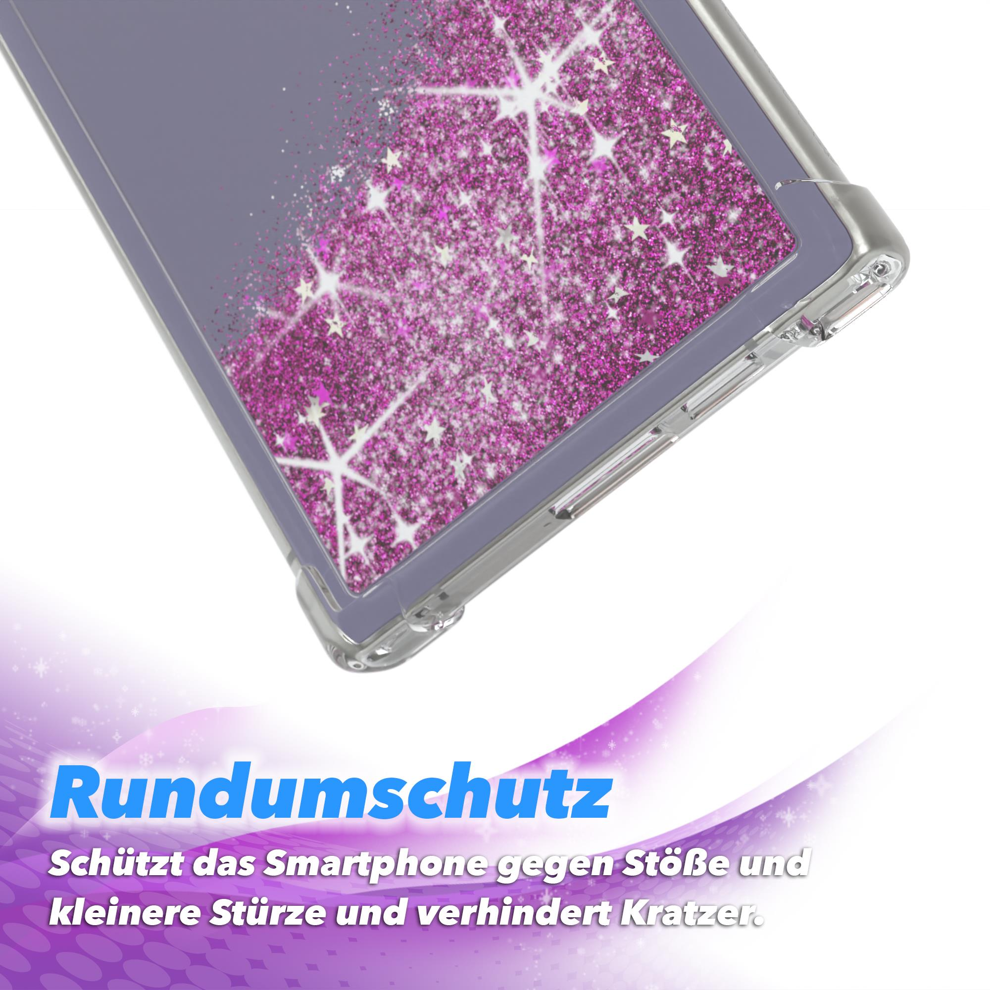 Eine Handyhülle mit lila Glitzerdesign, Text „Rundumschutz“ und Schutzhülle.