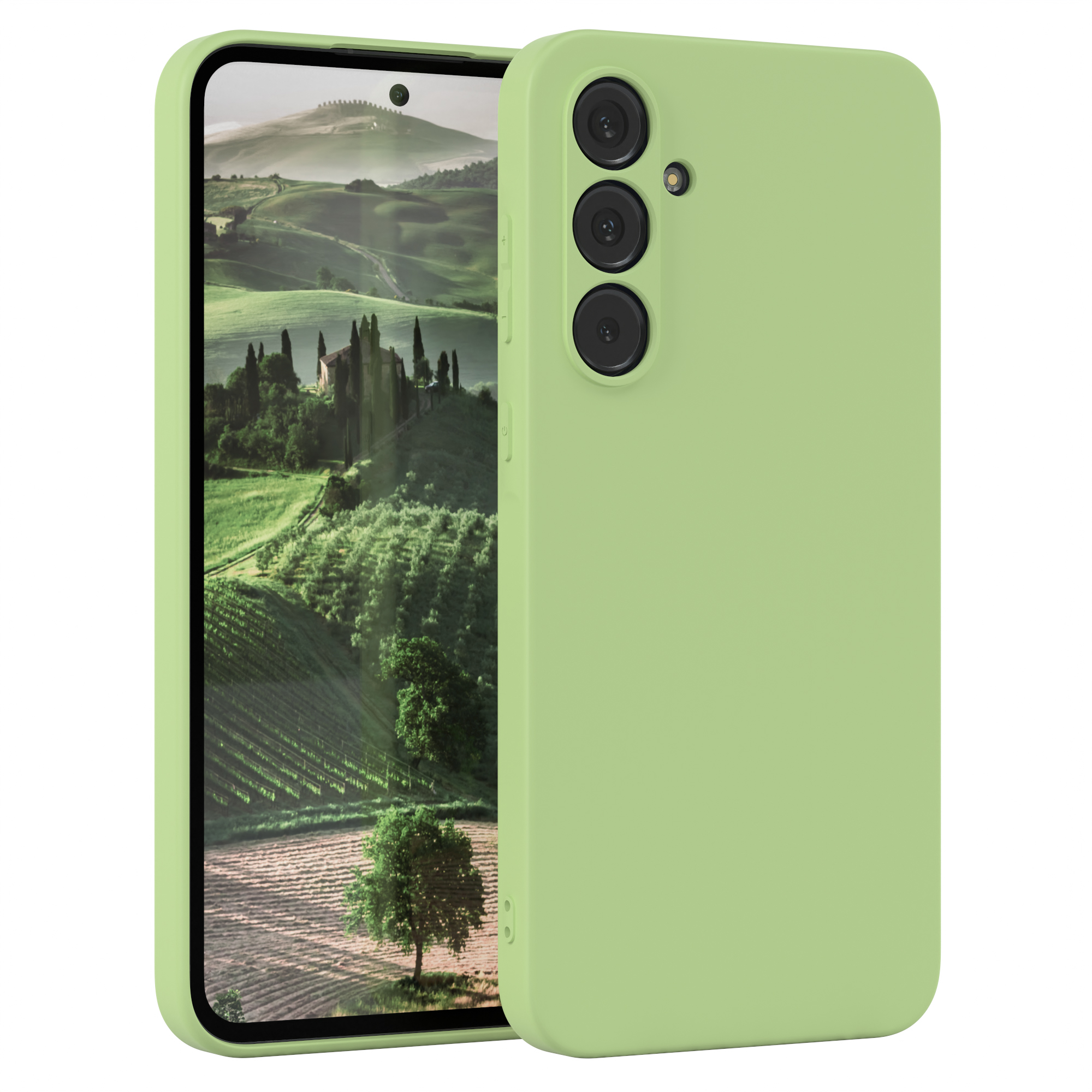 Grünes Telefon in einer Hülle. Landschaftshintergrund. Zwei Kameras auf der Rückseite. Weißer Hintergrund.