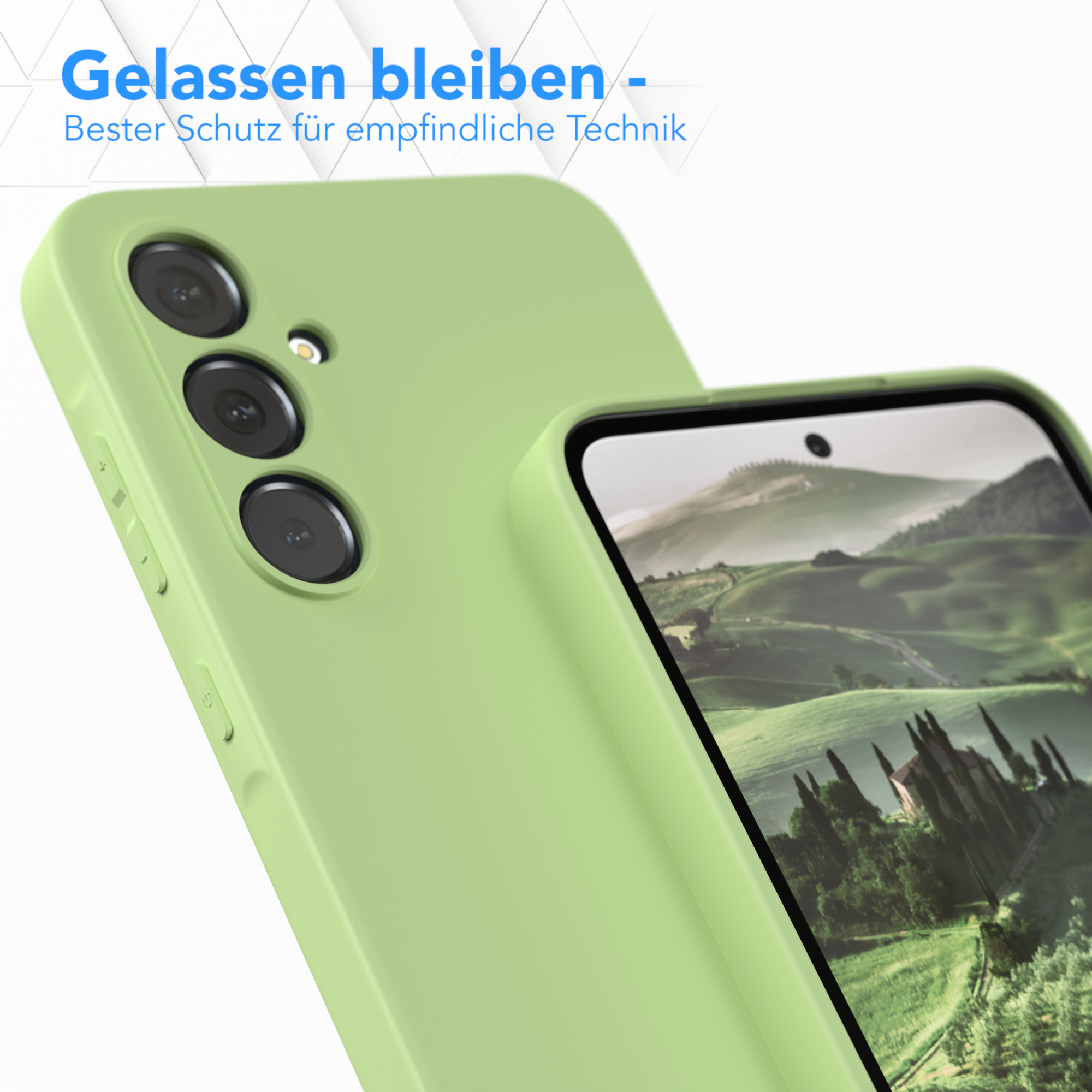 Eine hellgrüne Handyhülle und ein Telefon mit Bildschirm vor hellem Hintergrund.
