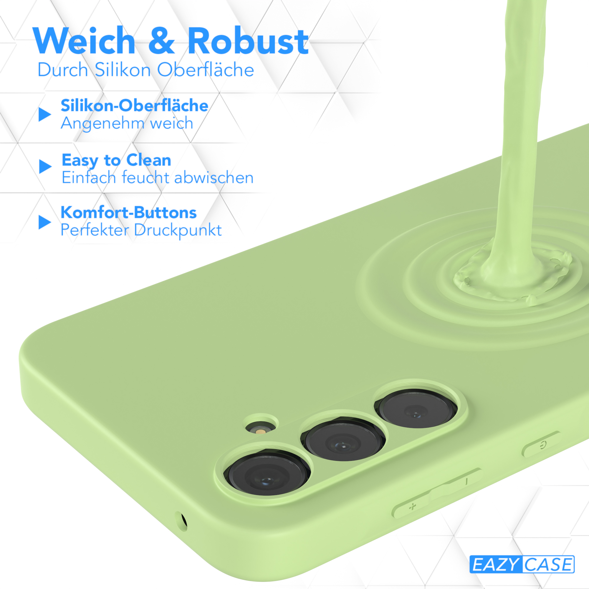 Grüne Handyhülle mit grünem Flüssigkeitsfluss. Weißer Text: Weich & Robust, Easy to Clean.