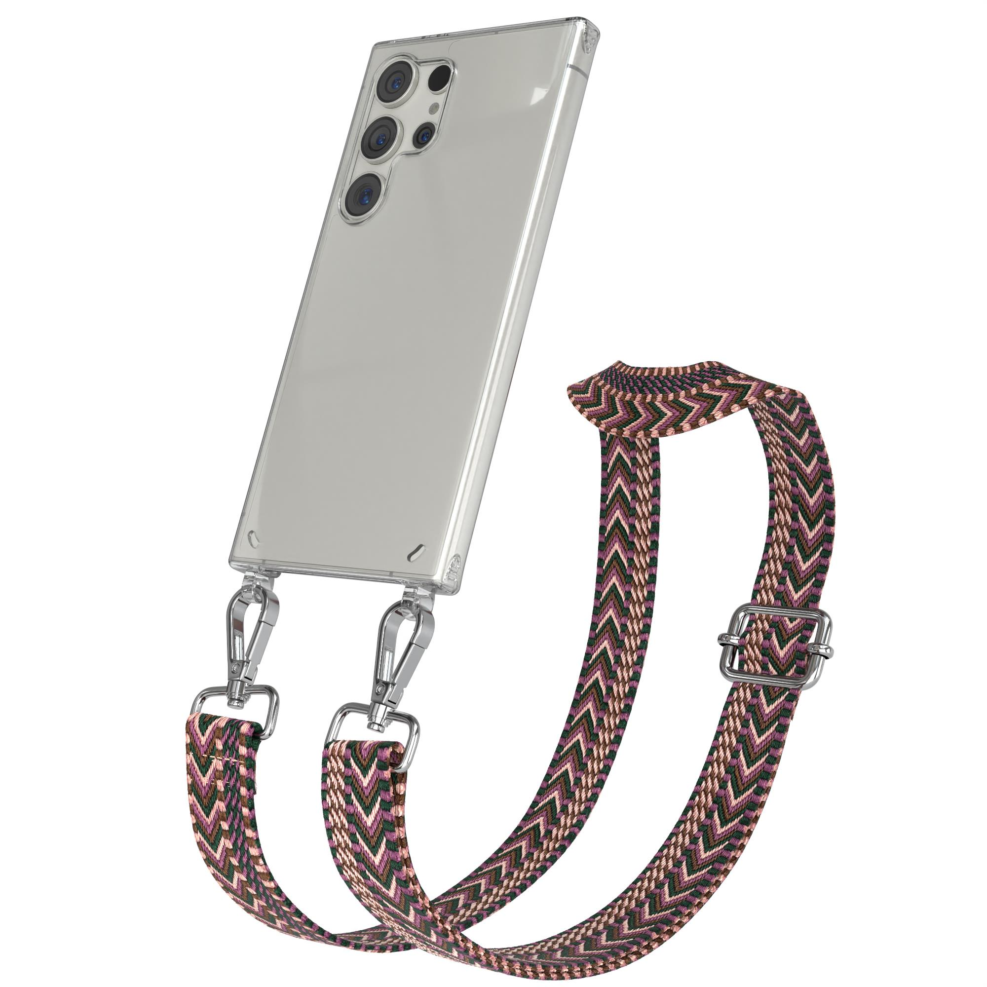 Klares Telefon mit Gurt, silbernen Haken, weißer Hintergrund.