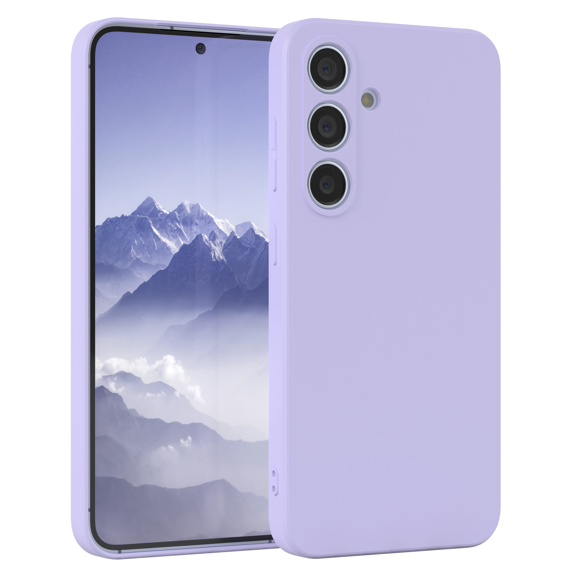 Lila Telefon mit drei Kameras und einem Lavendelgehäuse. Weißer Hintergrund. Teilweise sichtbar.