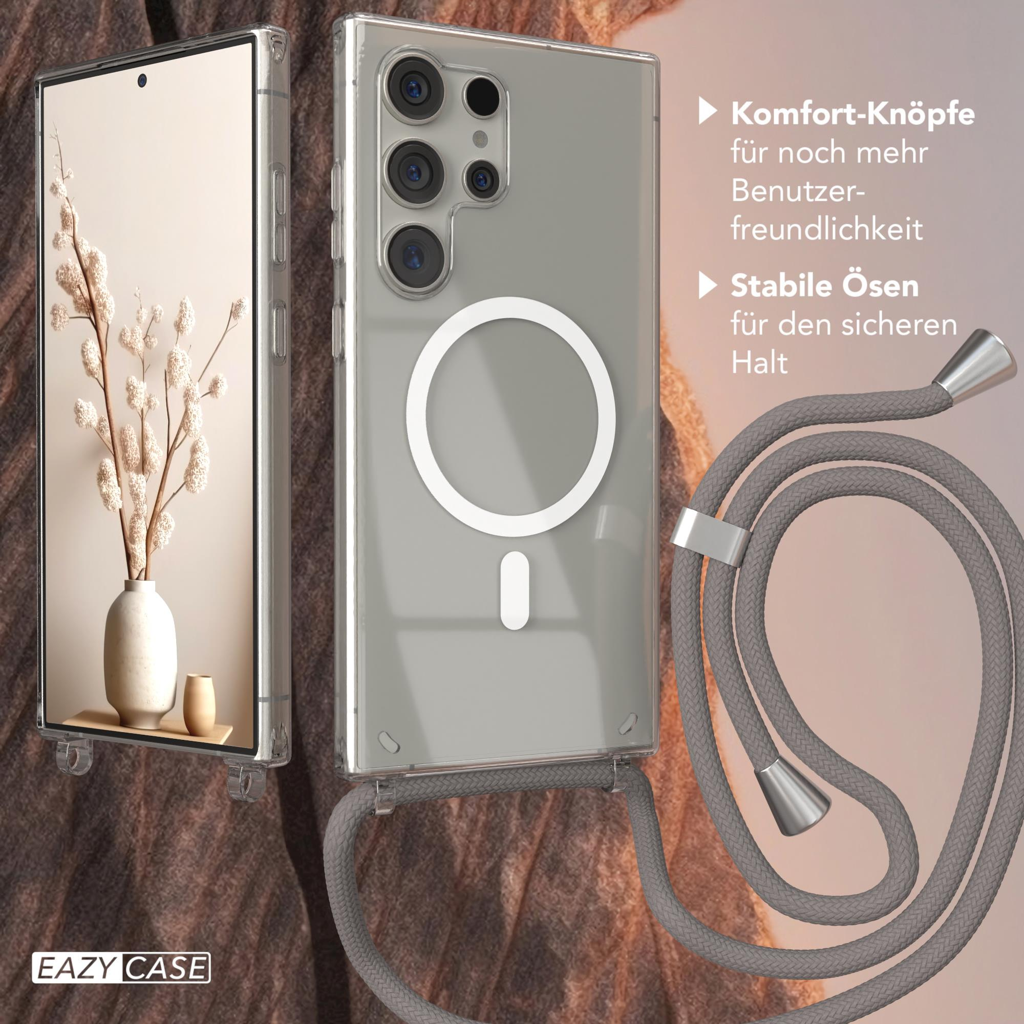 Eine transparente Handyhülle mit Telefon, Lanyard und Text auf der Seite.