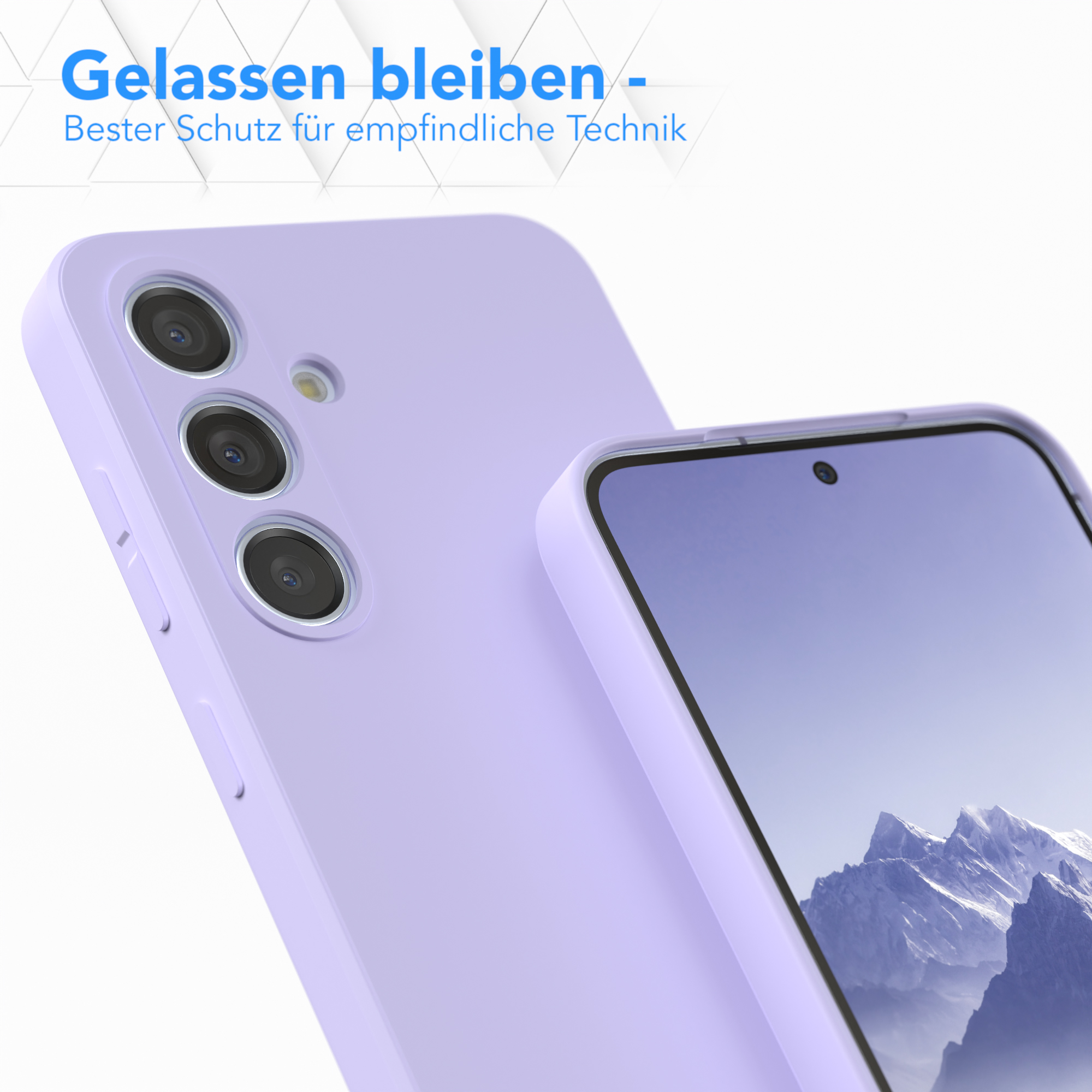 Zwei violette Handyhüllen mit einem Telefon rechts. Der Bildschirm des Telefons ist eingeschaltet.
