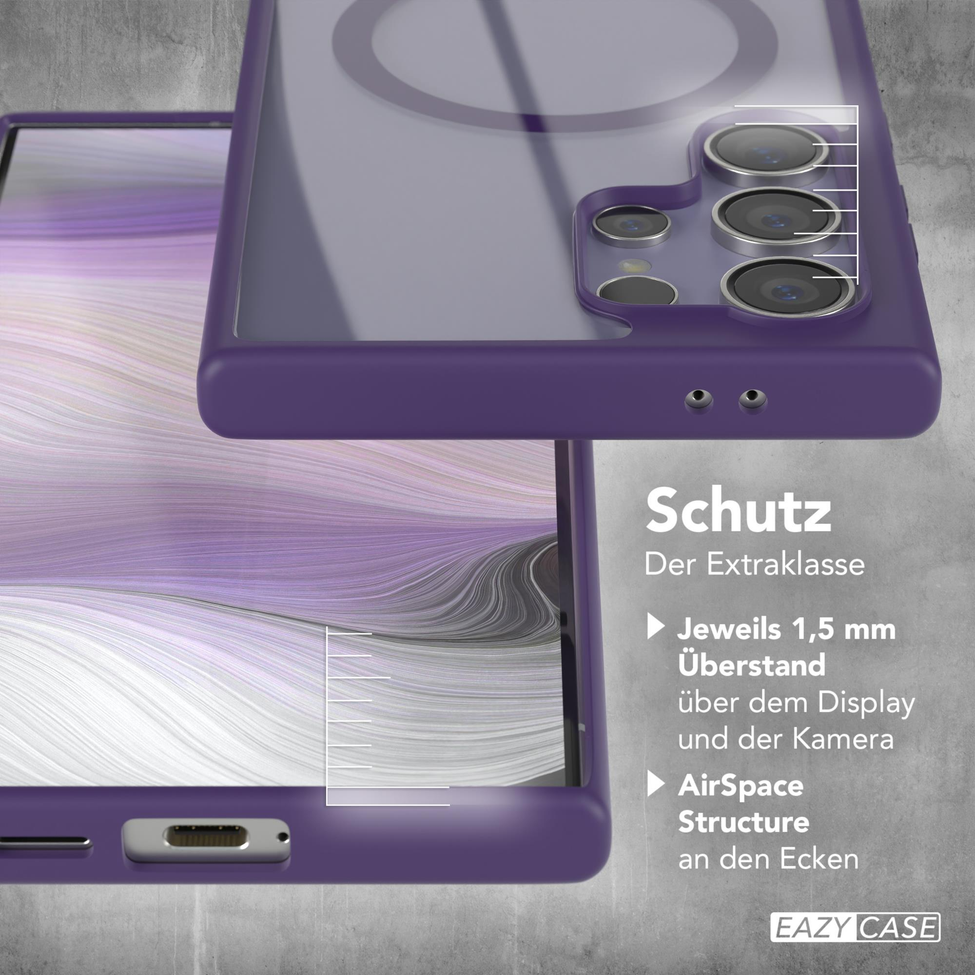 Handyhülle mit Telefon, lila und klar, auf grauem Stein.