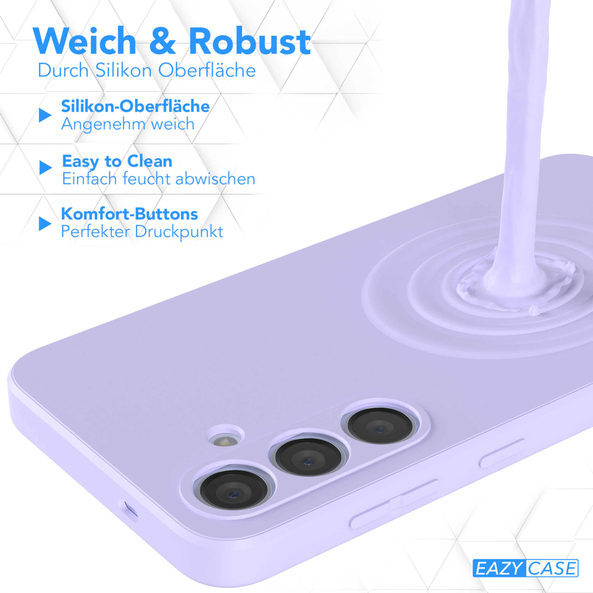 Handyhülle mit lila Design, Wassertropfen und dem Markennamen: EAZY CASE.