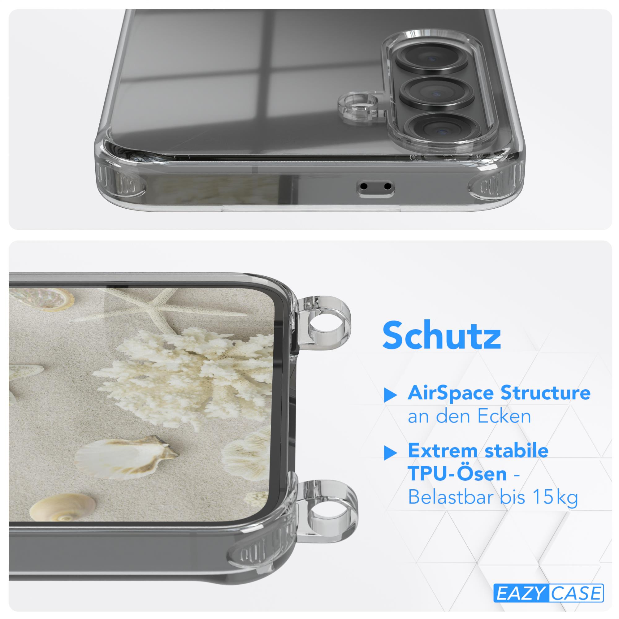 Handyhülle mit Sand, Muscheln und Korallen. Text: AirSpace Structure, extrem stabile TPU-Ösen.