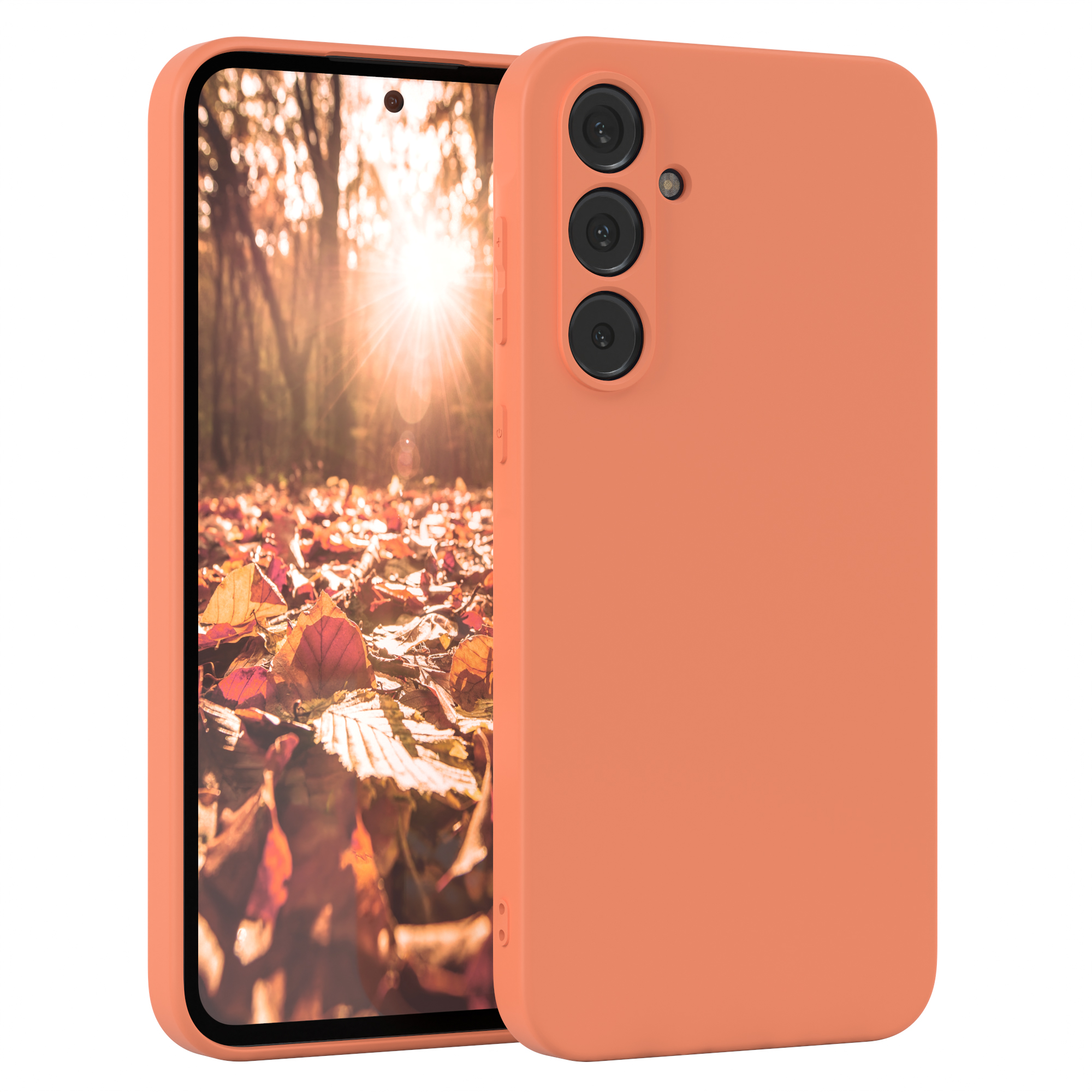 Telefon mit Hülle. Das Telefon ist orange, und der Hintergrund ist eine Herbstszene.