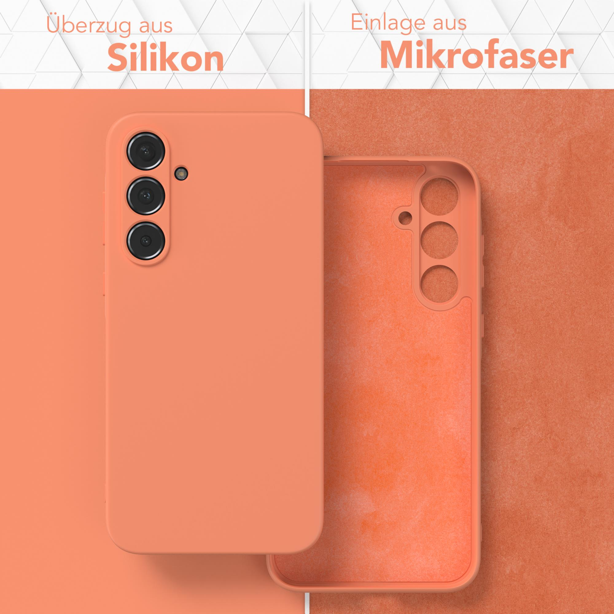Zwei Handyhüllen, orange, zeigen Silikon außen und Mikrofaser innen.