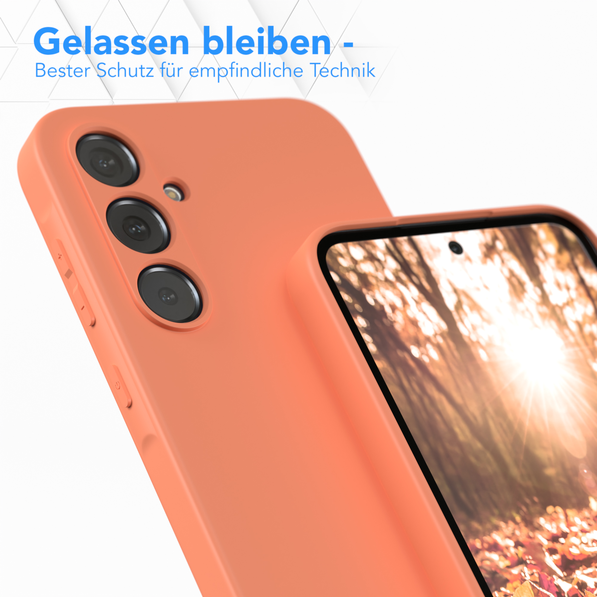 Eine orangefarbene Handyhülle auf einem Telefon, mit Text auf Deutsch.