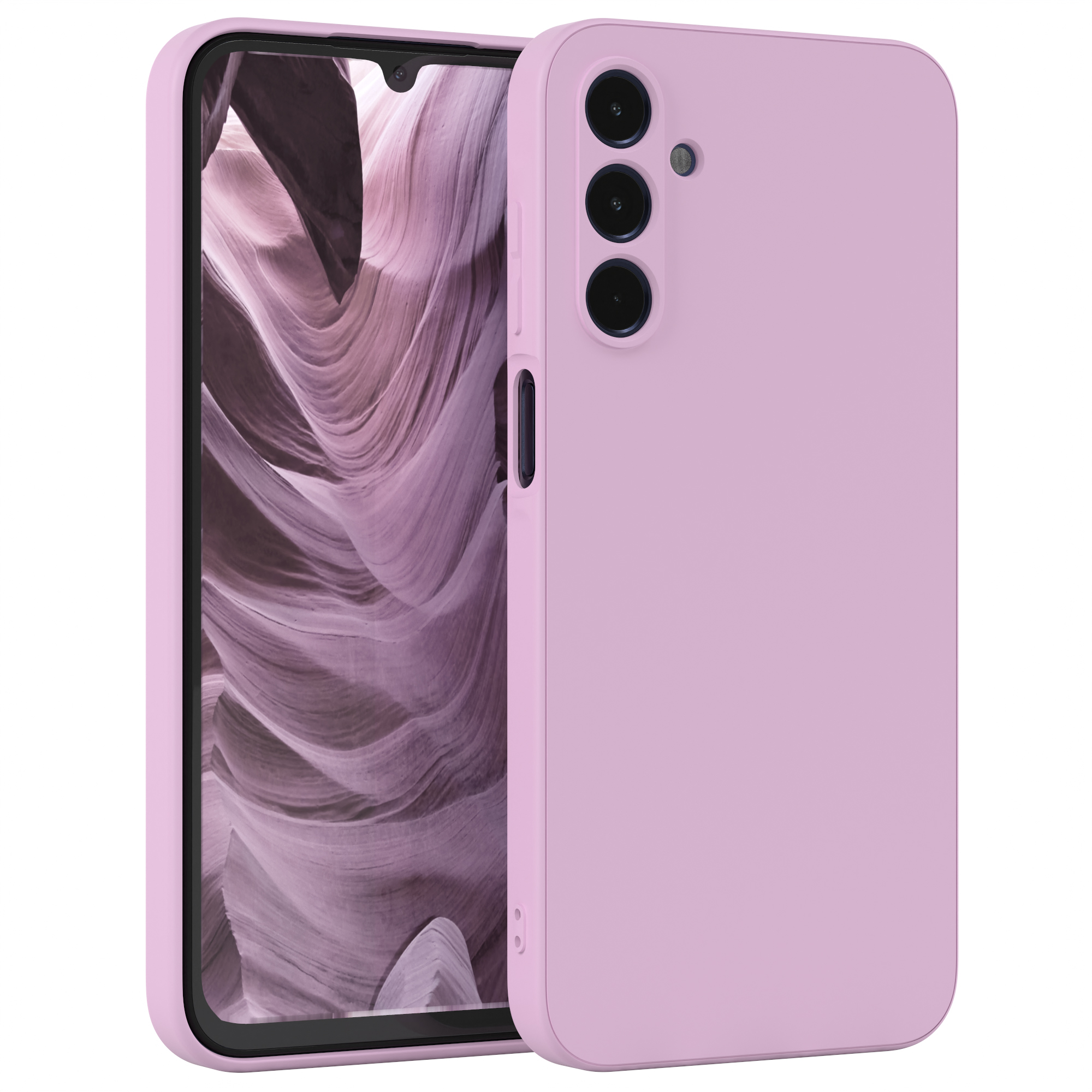 Rosa Handyhülle mit Telefon, weißer Hintergrund.
