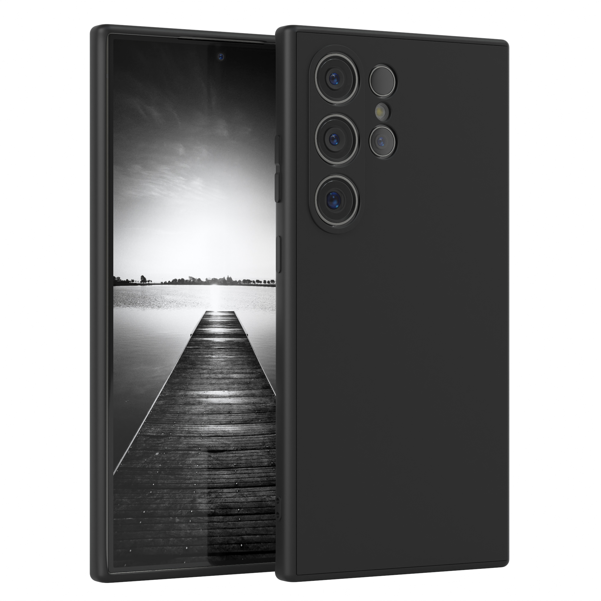 Eine schwarze Handyhülle mit einem Telefon, das eine Schwarz-Weiß-Landschaft anzeigt.