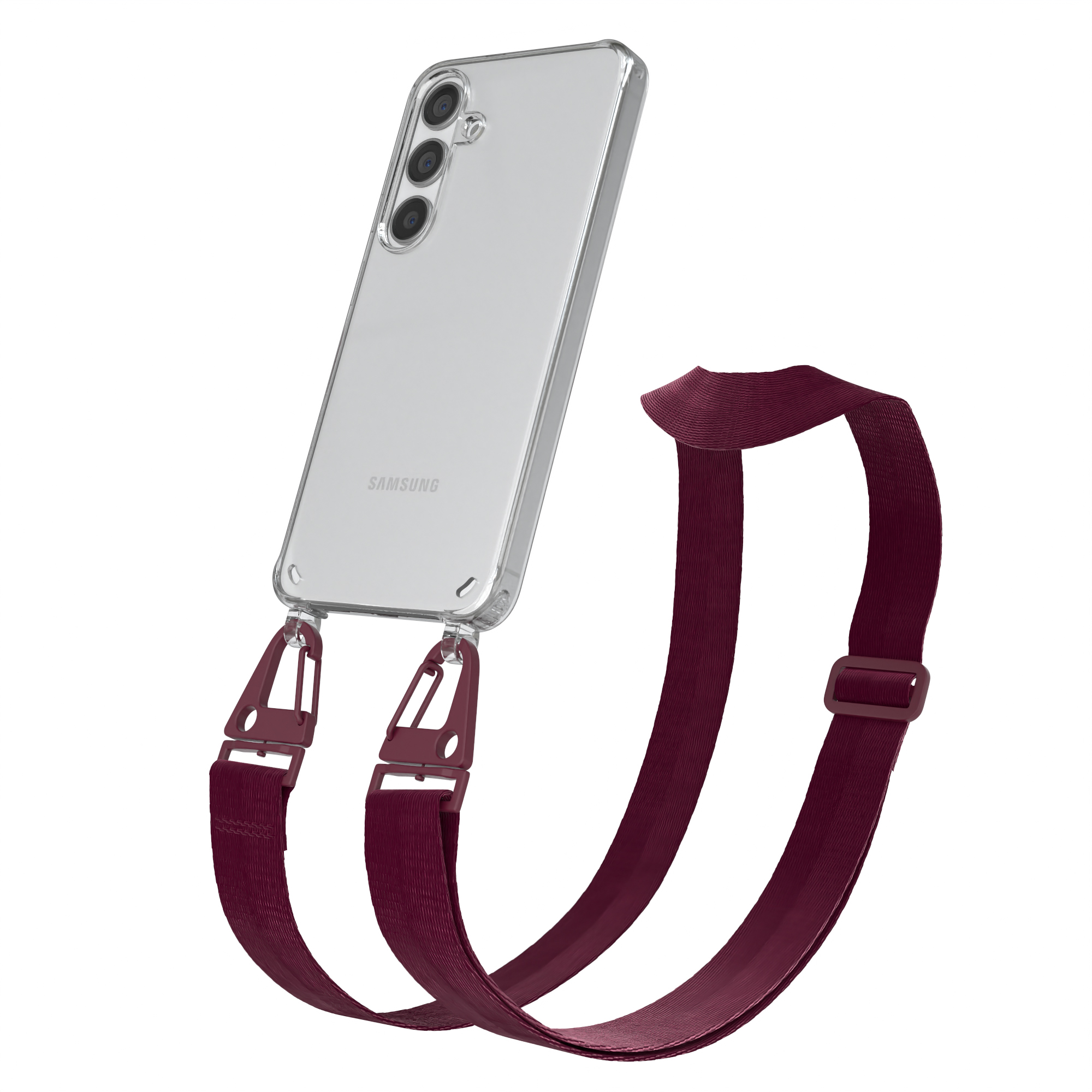 Transparente Handyhülle mit rotem Riemen. Telefon ist angewinkelt. Weißer Hintergrund.