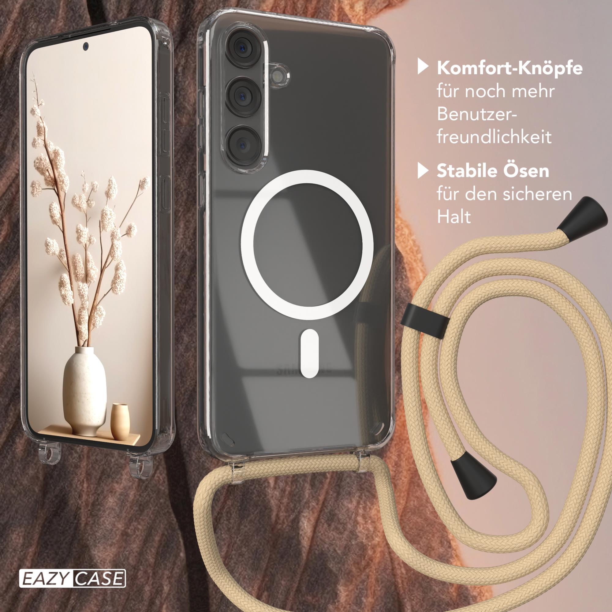 Transparente Handyhülle. Ein Telefon mit Blumenvase. Beiges Schlüsselband. Eazy Case-Branding.