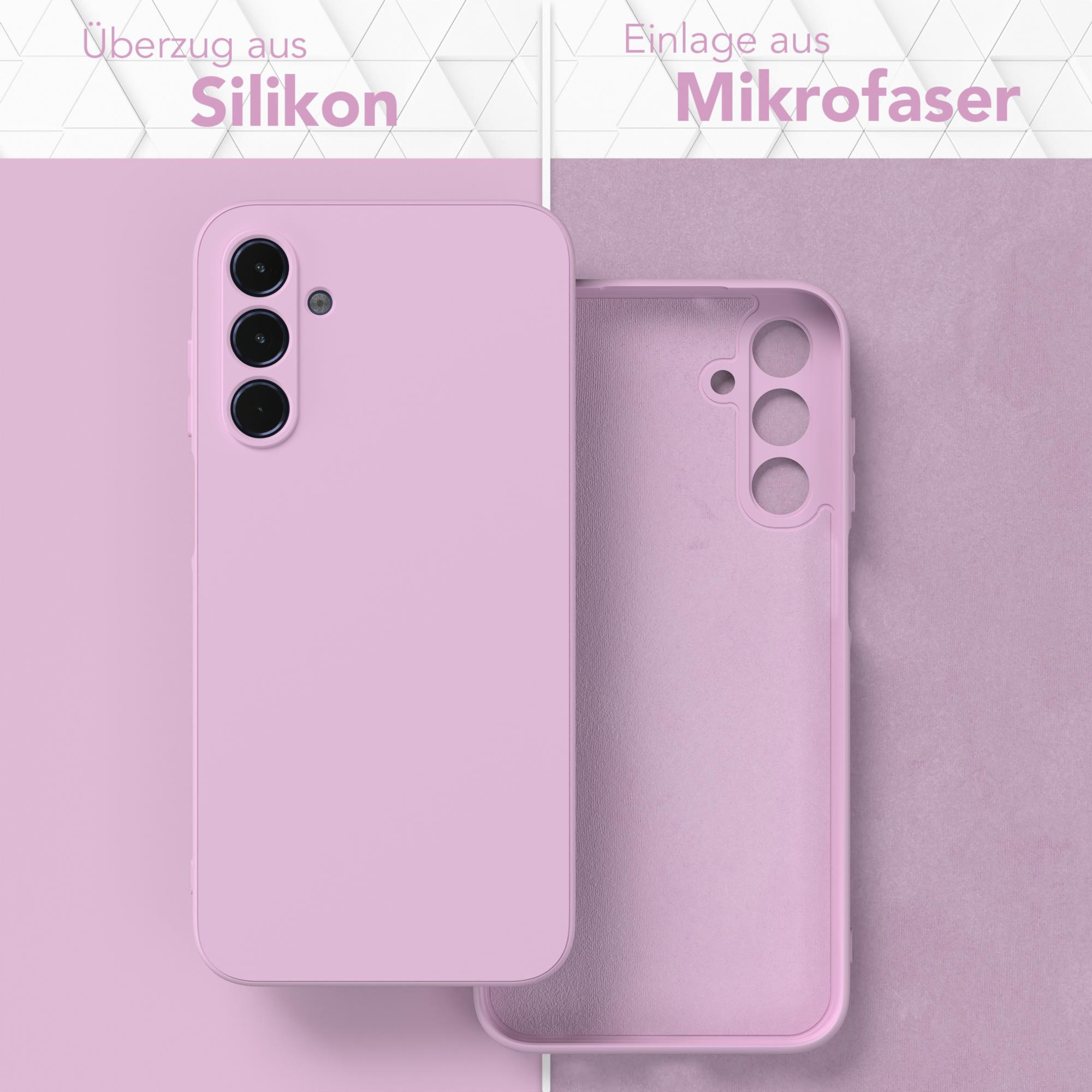 Eine pinkfarbene Handyhülle und ihr Inneres. Die Hülle besteht aus Silikon und Mikrofaser.