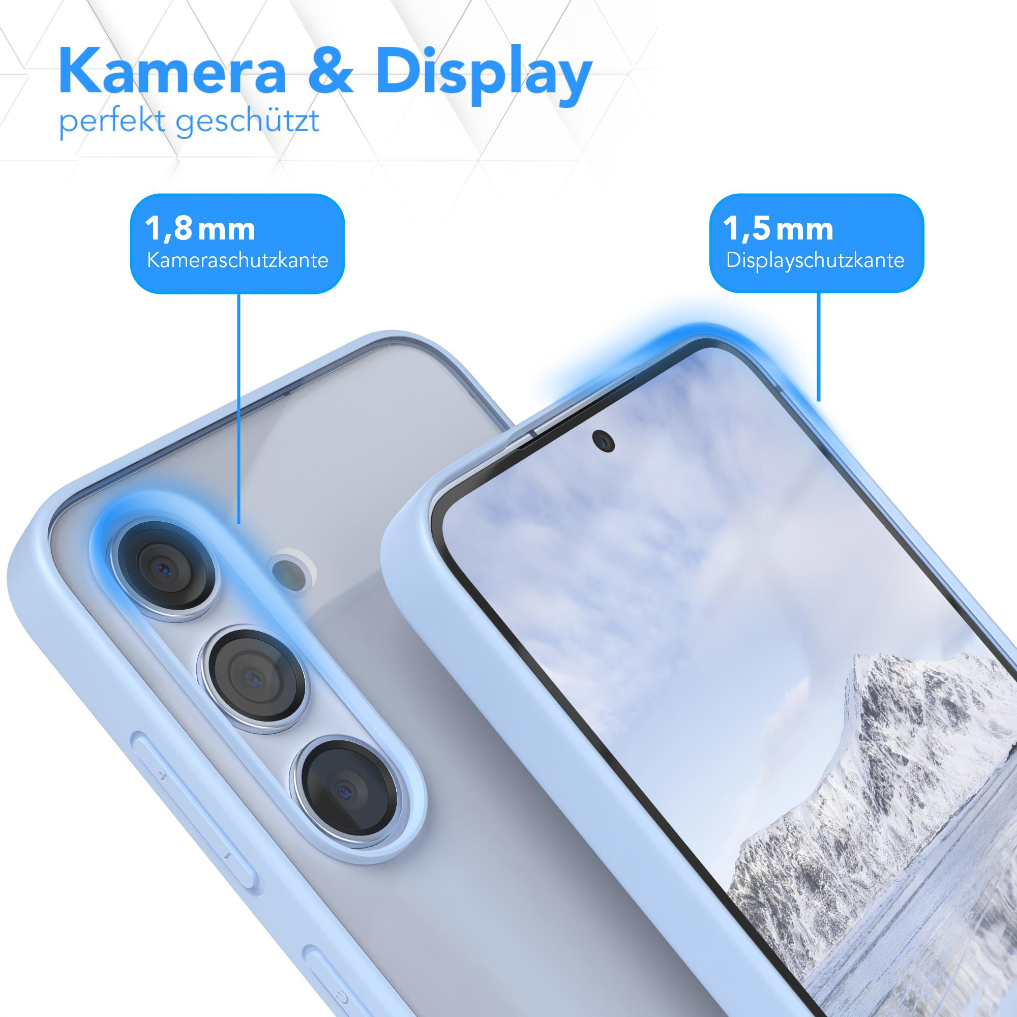 Handyhülle mit Kamera- und Displayschutz. Blaue Hülle, Nahaufnahme.