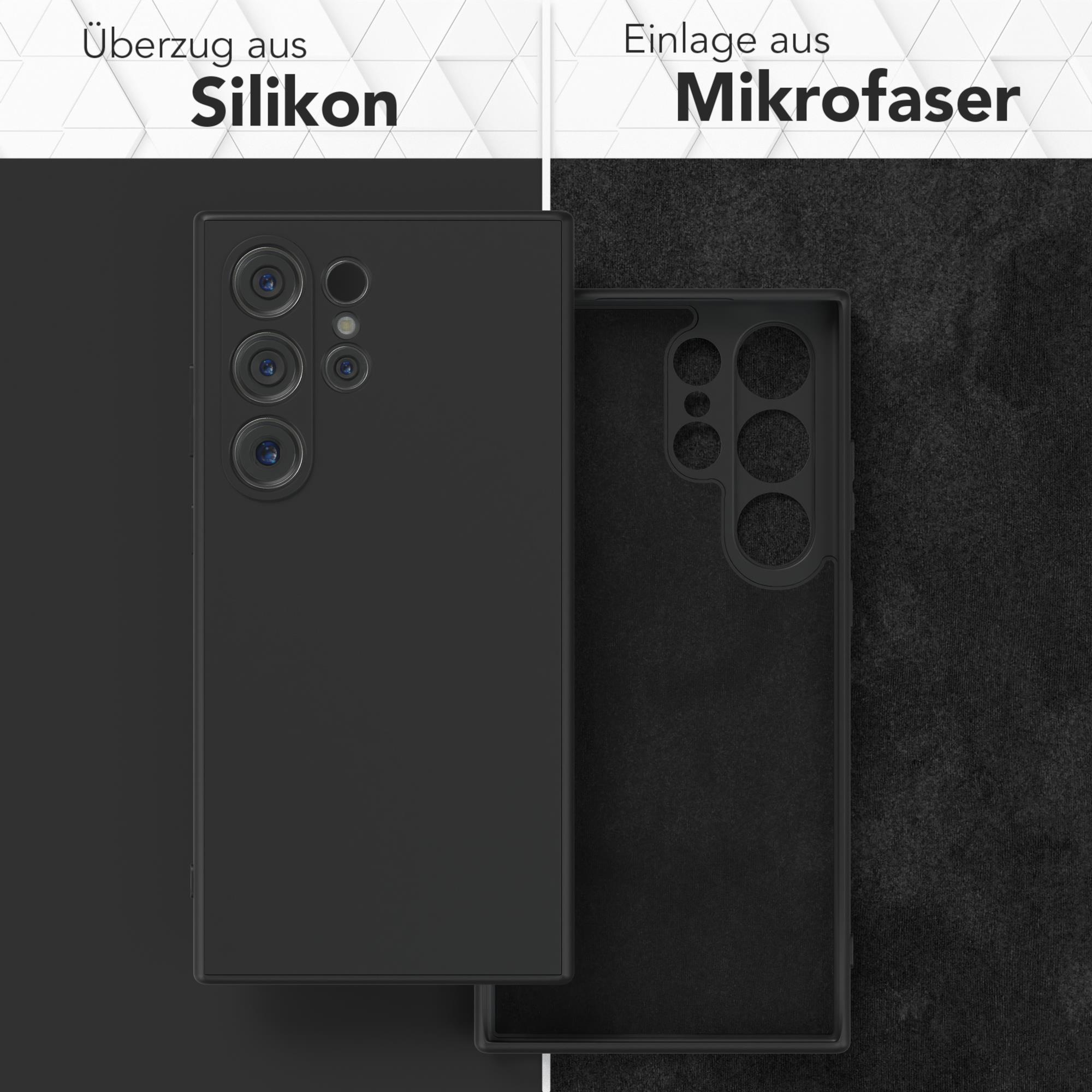 Schwarze Handyhülle und ihr Inneres. Die Hülle links, das Innere rechts.