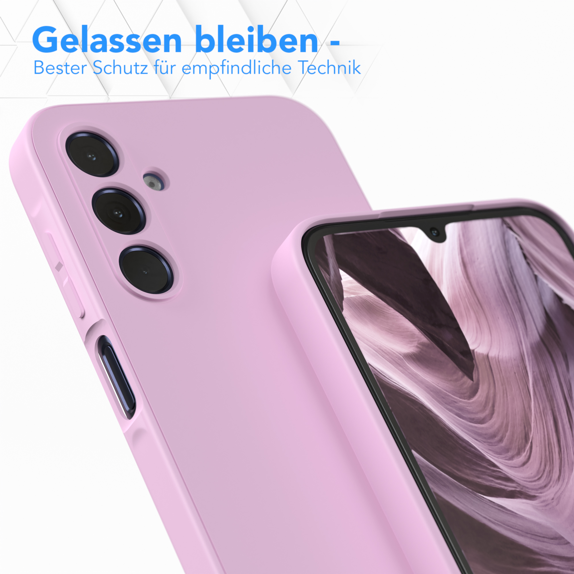 Nahaufnahme einer rosa Handyhülle. Eine andere Hülle im Hintergrund. Text oben: 'Gelassen bleiben'.