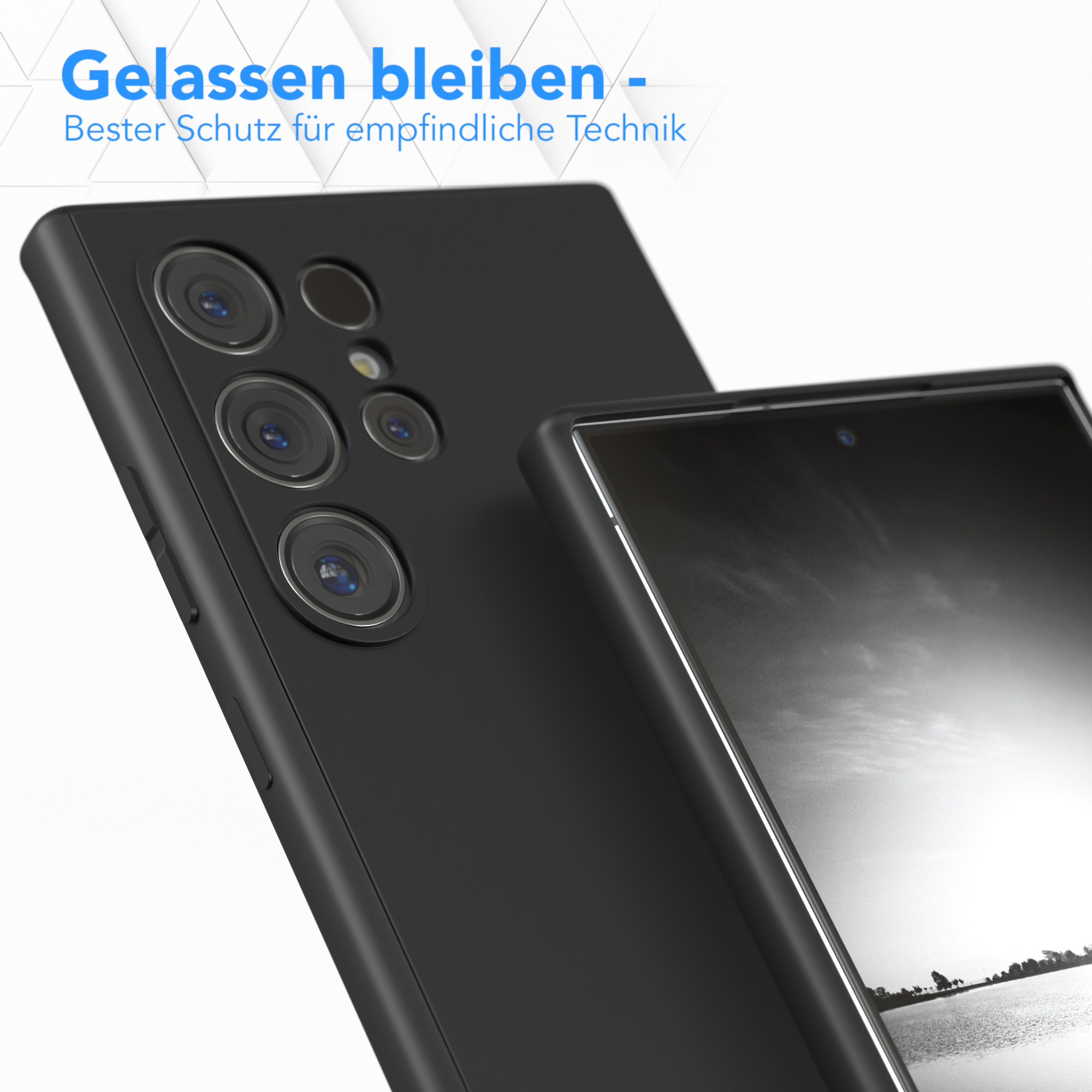 Schwarze Handyhülle und Telefon mit Kamera auf hellem Hintergrund.